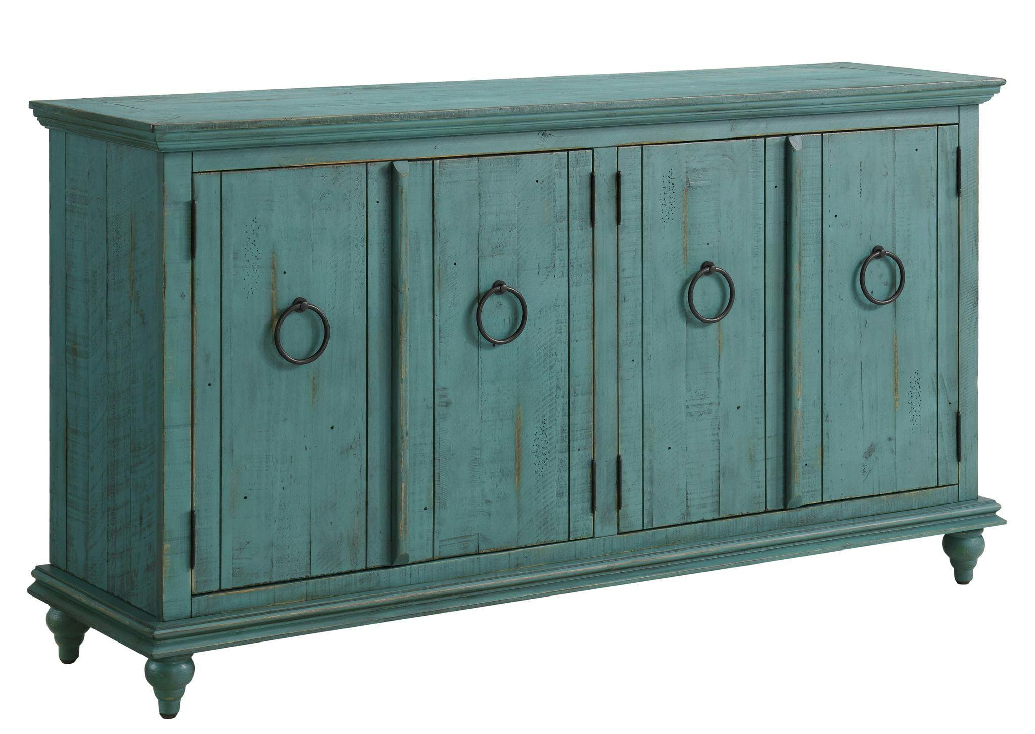 Rustic Turquoise Solid Pine 65" TV Stand with Cabinet