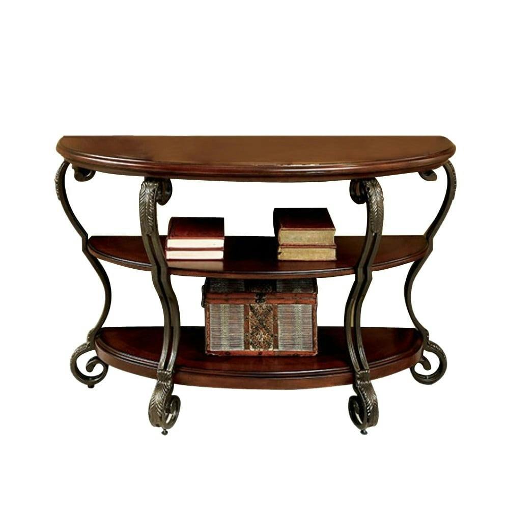 Elegant Brown Cherry Demilune Sofa Table with Tempered Glass and Storage