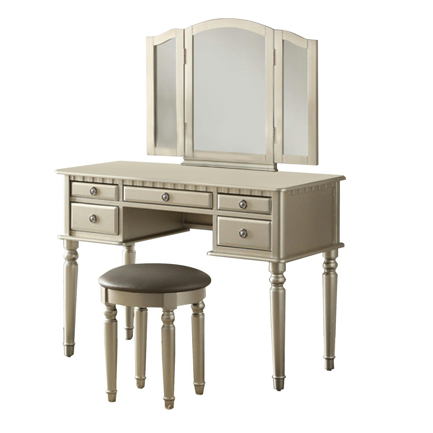 Imperial Silver Vanity Set with Cushioned Stool and 3-Panel Mirror