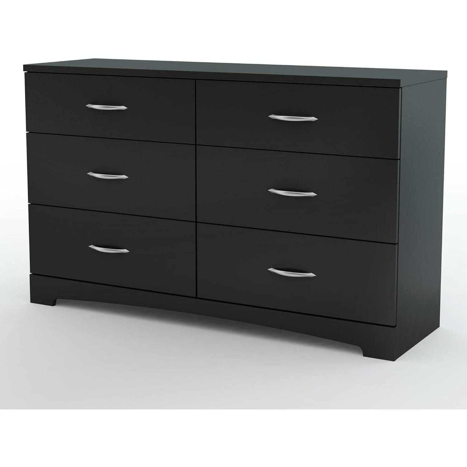Transitional Pure Black 6-Drawer Double Dresser with Nickel Handles