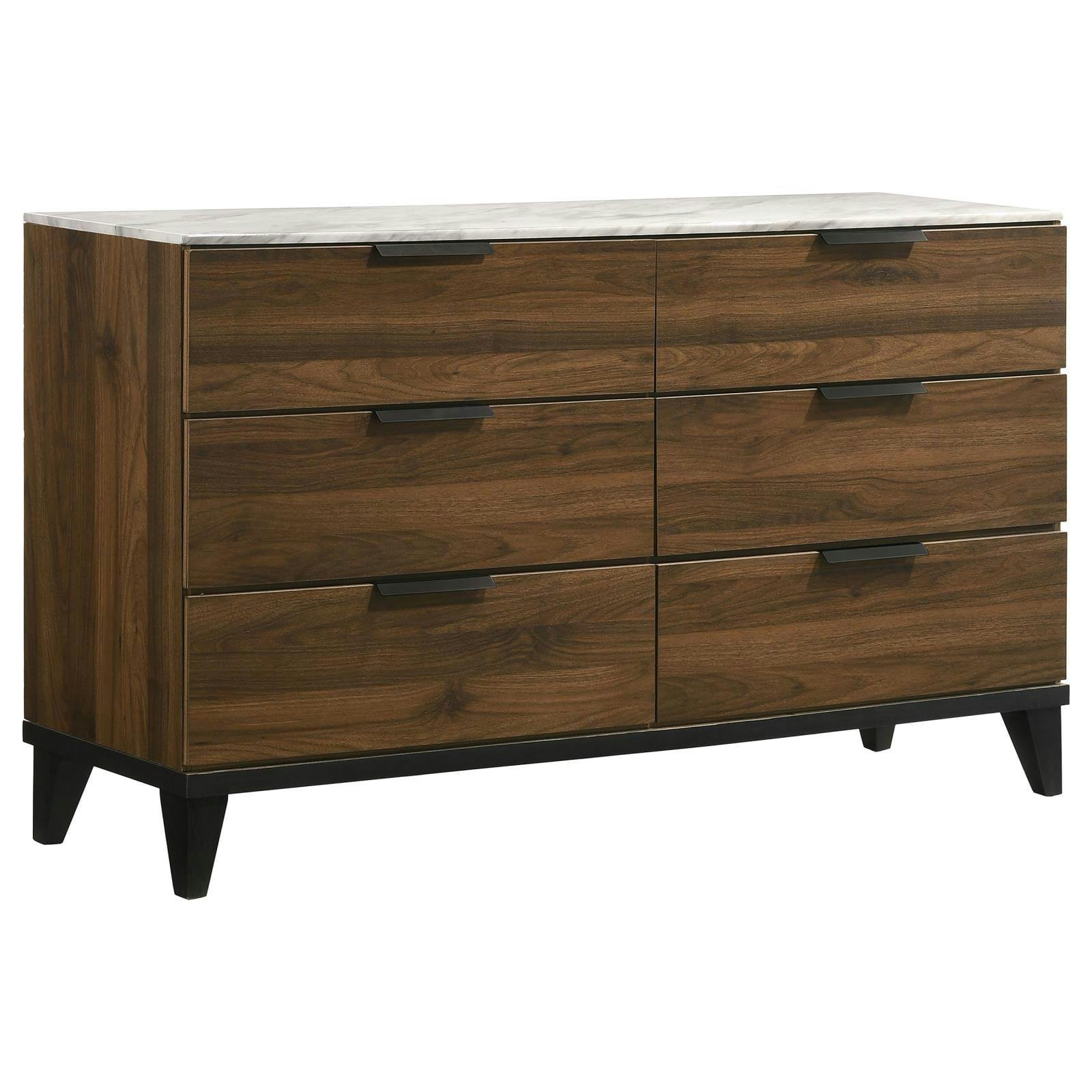Mays Contemporary 6-Drawer Walnut Dresser with Faux Marble Top