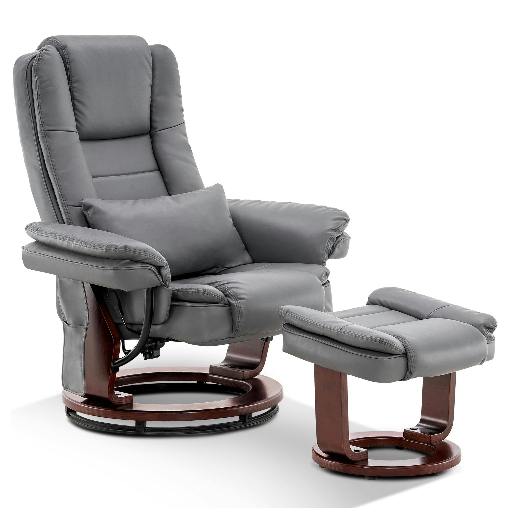 Luxury Gray Leather Swivel Recliner with Massage Features and Ottoman