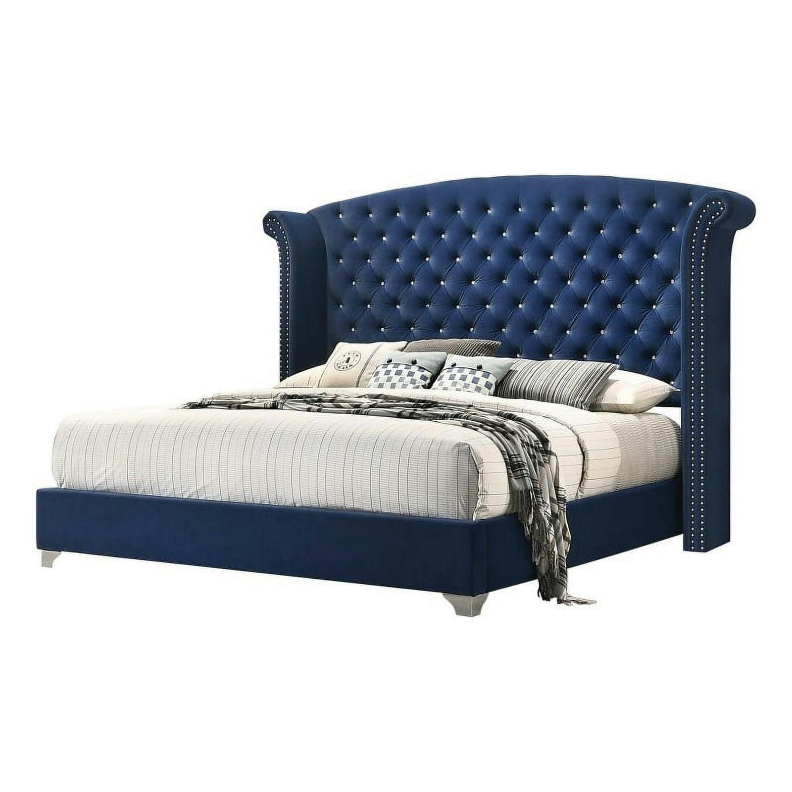 Regal Pacific Blue Velvet King Bed with Nailhead Trim and Tufted Headboard