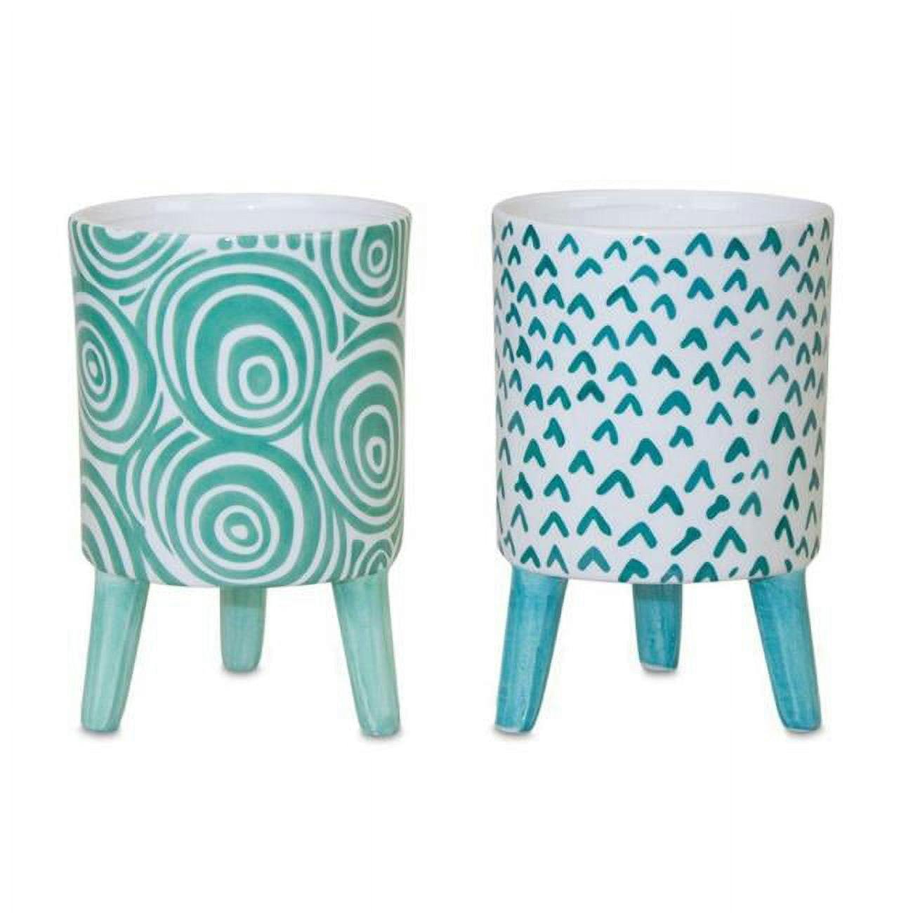 Teal & White Abstract Pattern Dolomite Mini Pot with Legs, Set of 6