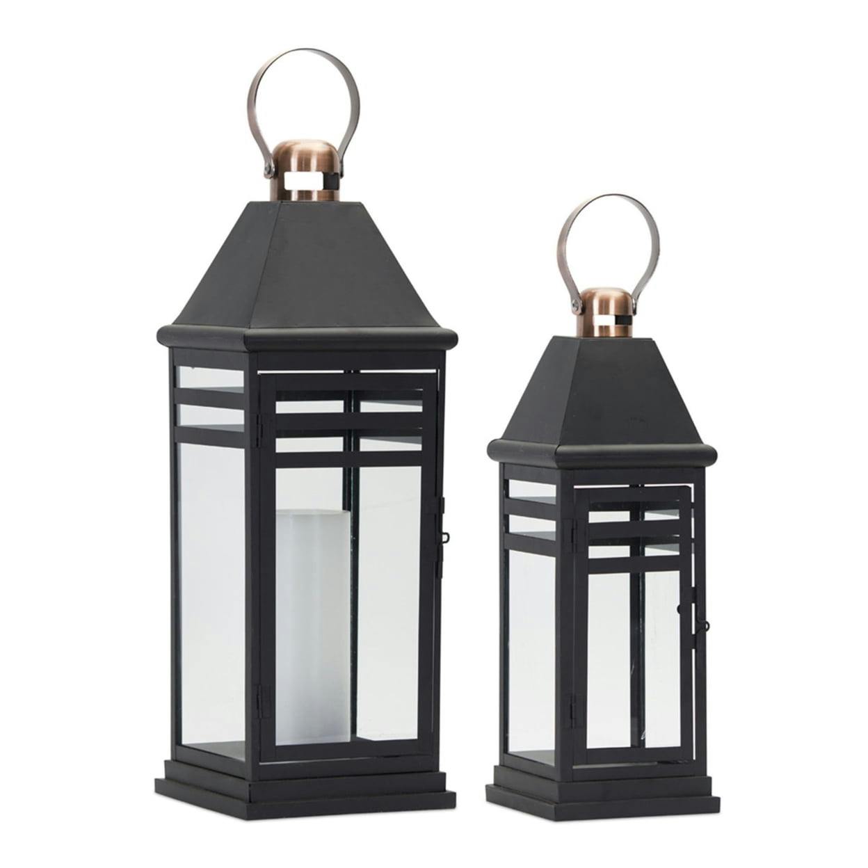 Elegant Copper Accent Metal & Glass Hanging Lantern Set