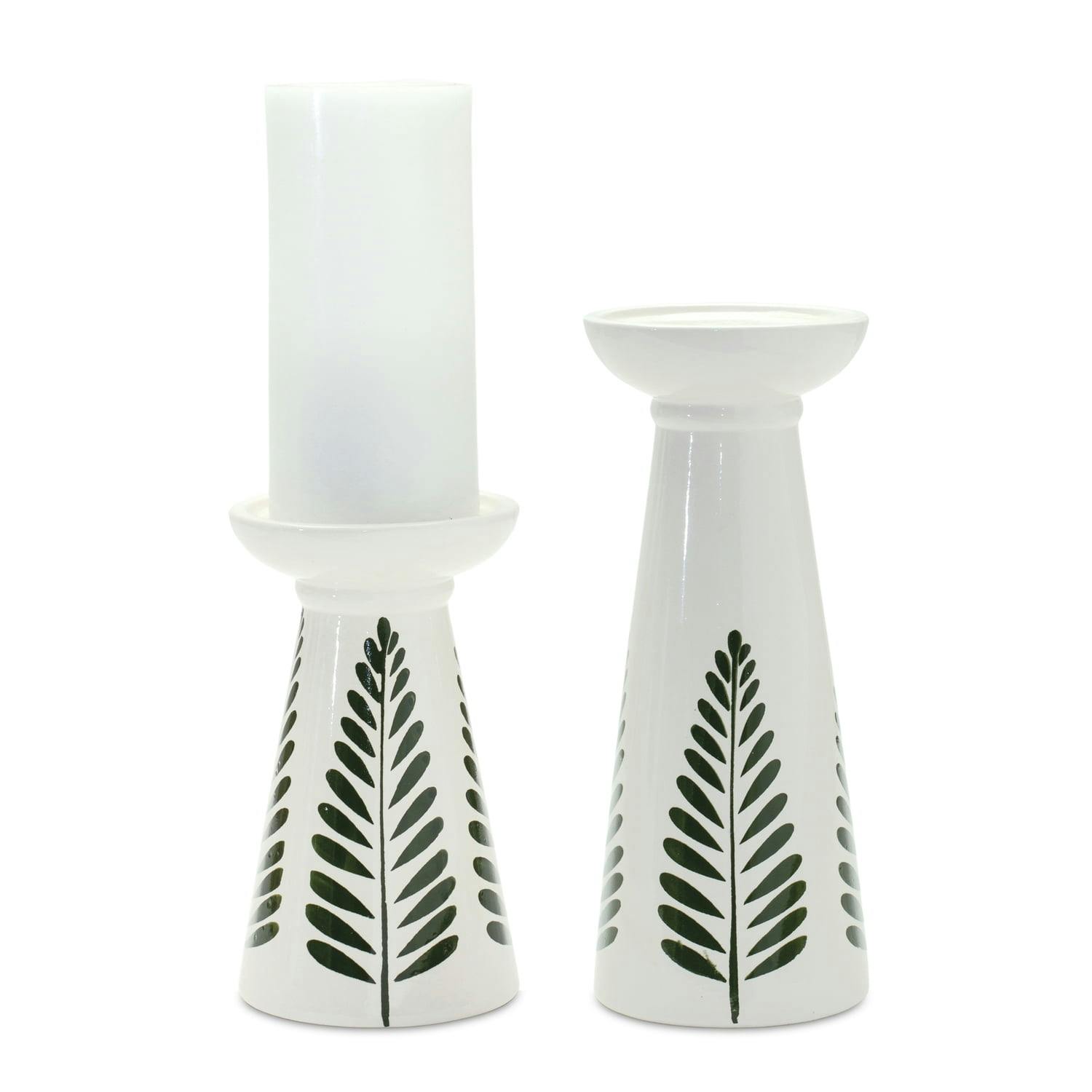 Modern Leaf Print White Glazed Ceramic Candle Holder Set