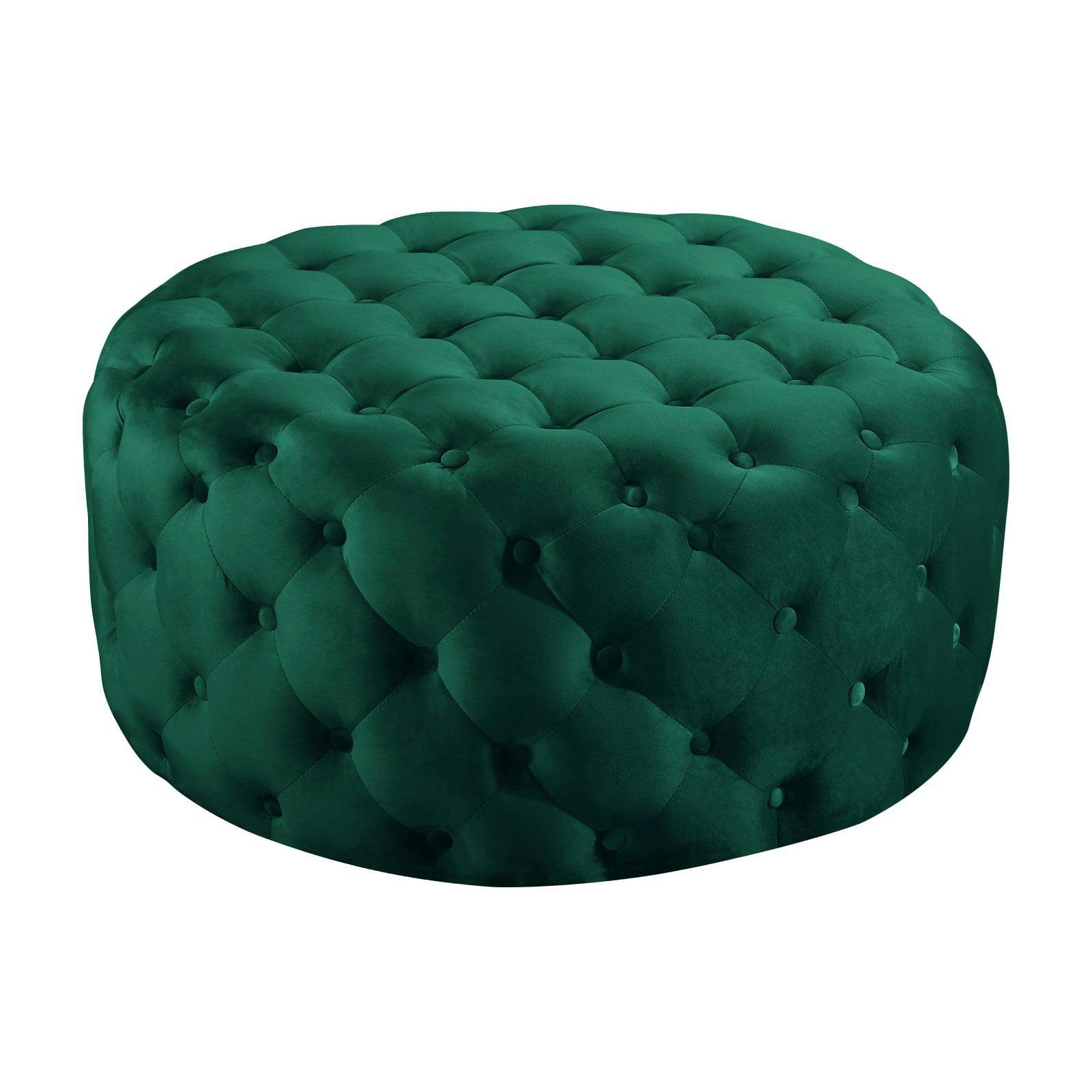 Percy Luxe Green Velvet Tufted Round Footstool Ottoman