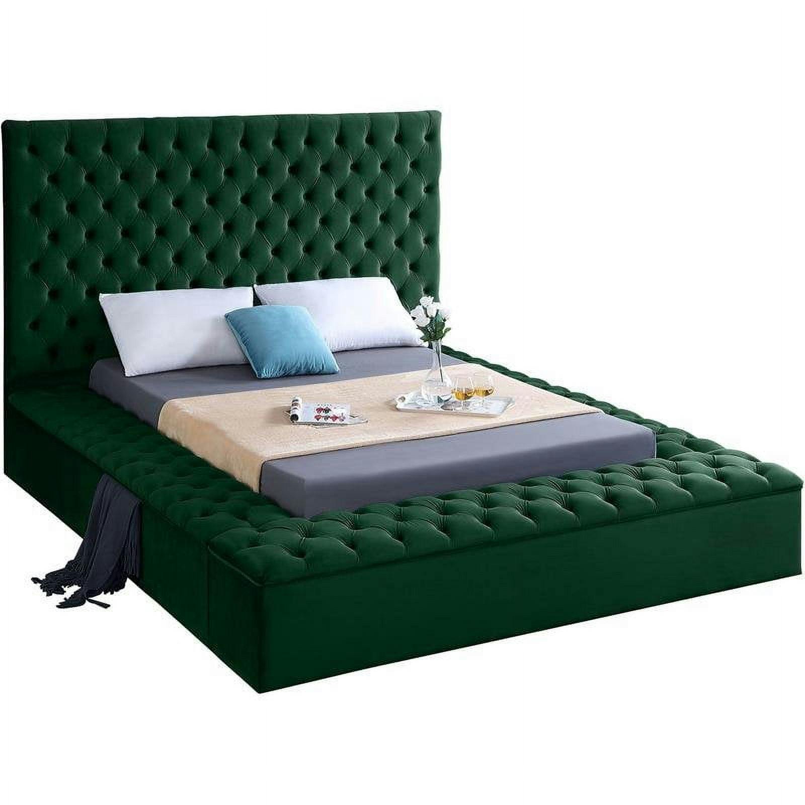 Elegant Bliss Green Velvet King Bed with Tufted Upholstery and Storage