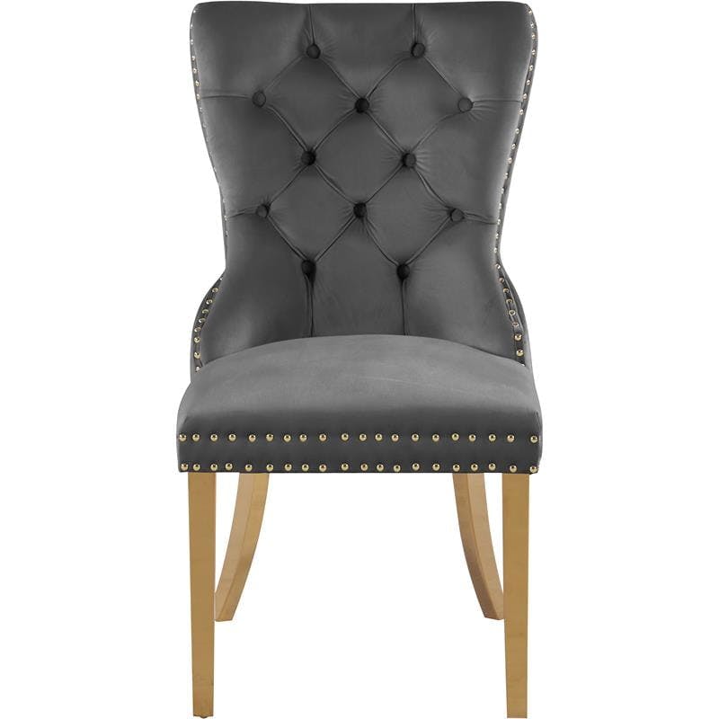 Elegant Grey Velvet Upholstered Dining Chair with Gold Metal Accents