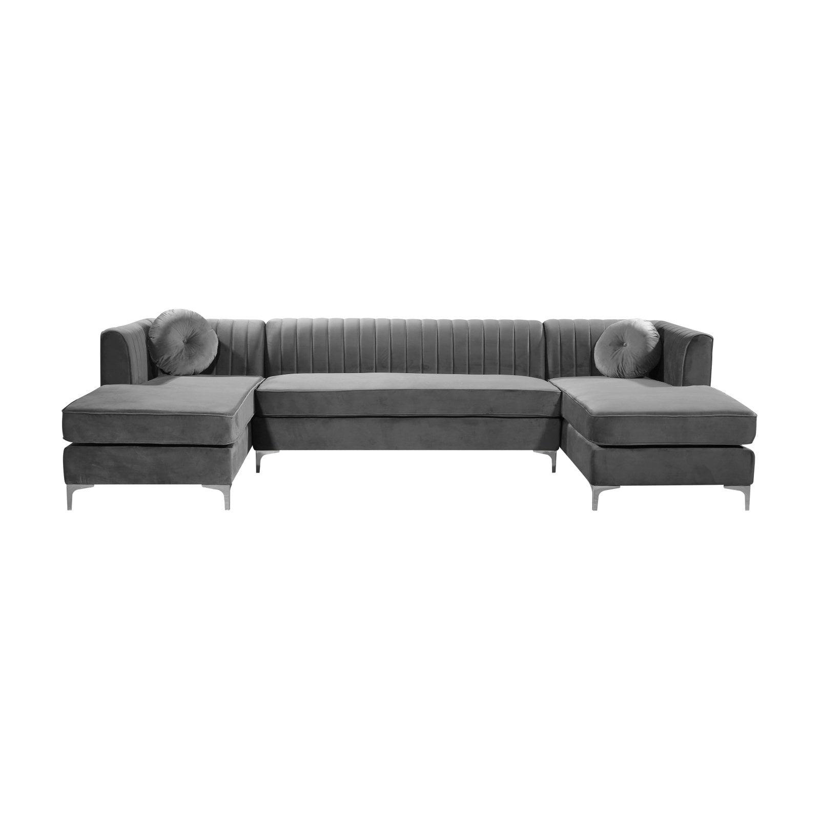 Elegant Gray Velvet Tufted Three-Piece Sectional with Solid Wood Frame