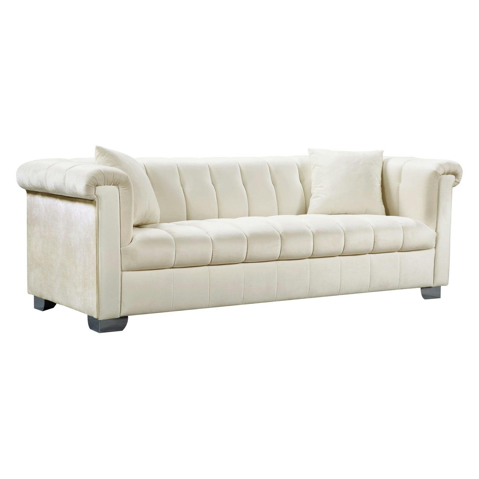 Elegant Cream Velvet Rolled & Track Arm Sofa Set with Wood Frame