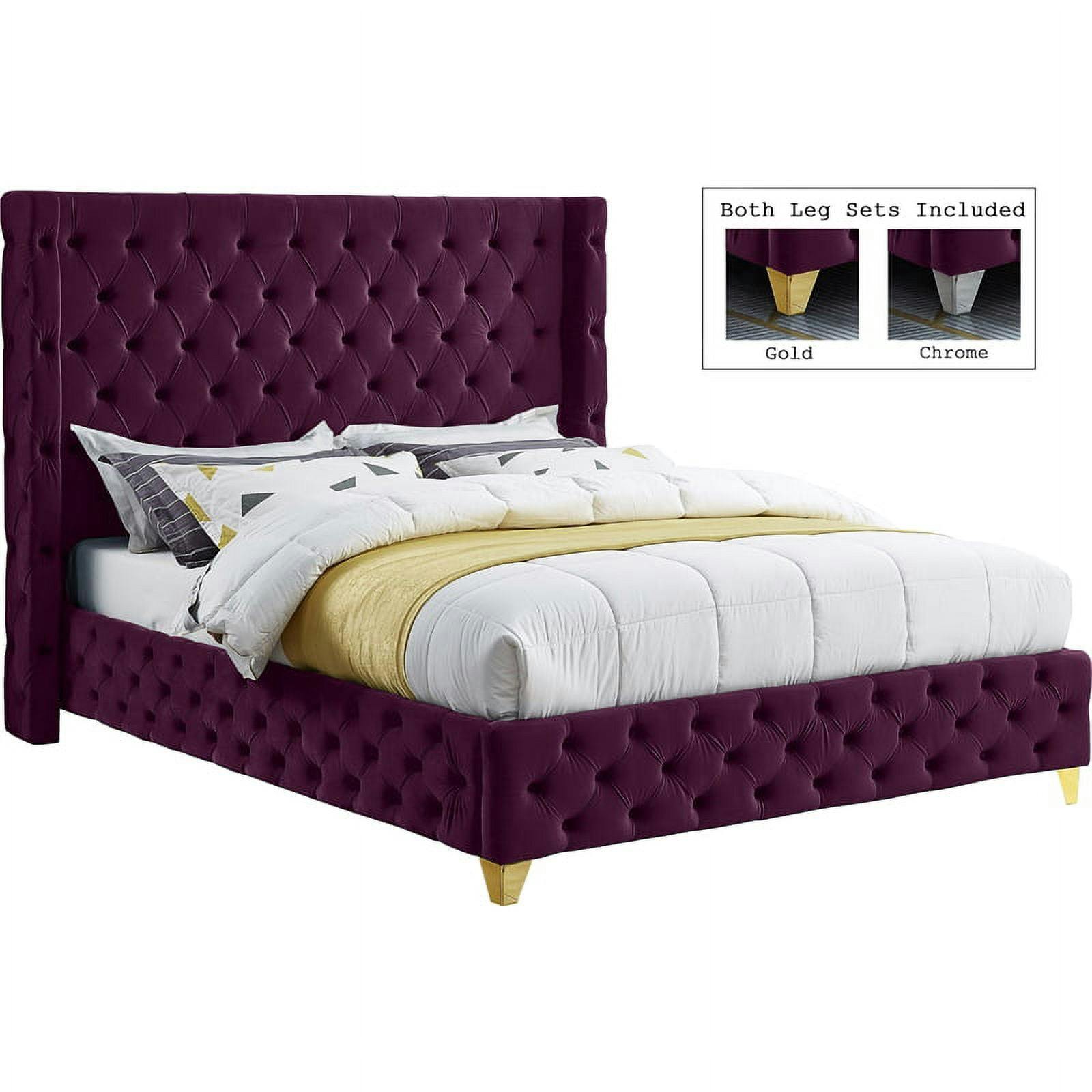 Luxurious Purple Velvet King Bed with Tufted Wingback Headboard