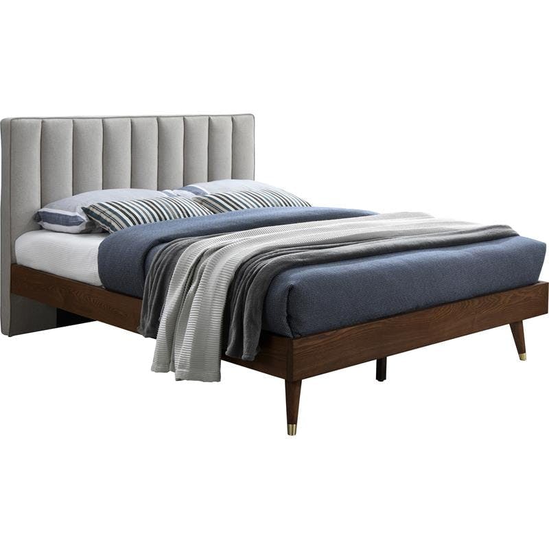 Vance Midcentury Modern Beige Linen King Bed with Walnut Frame
