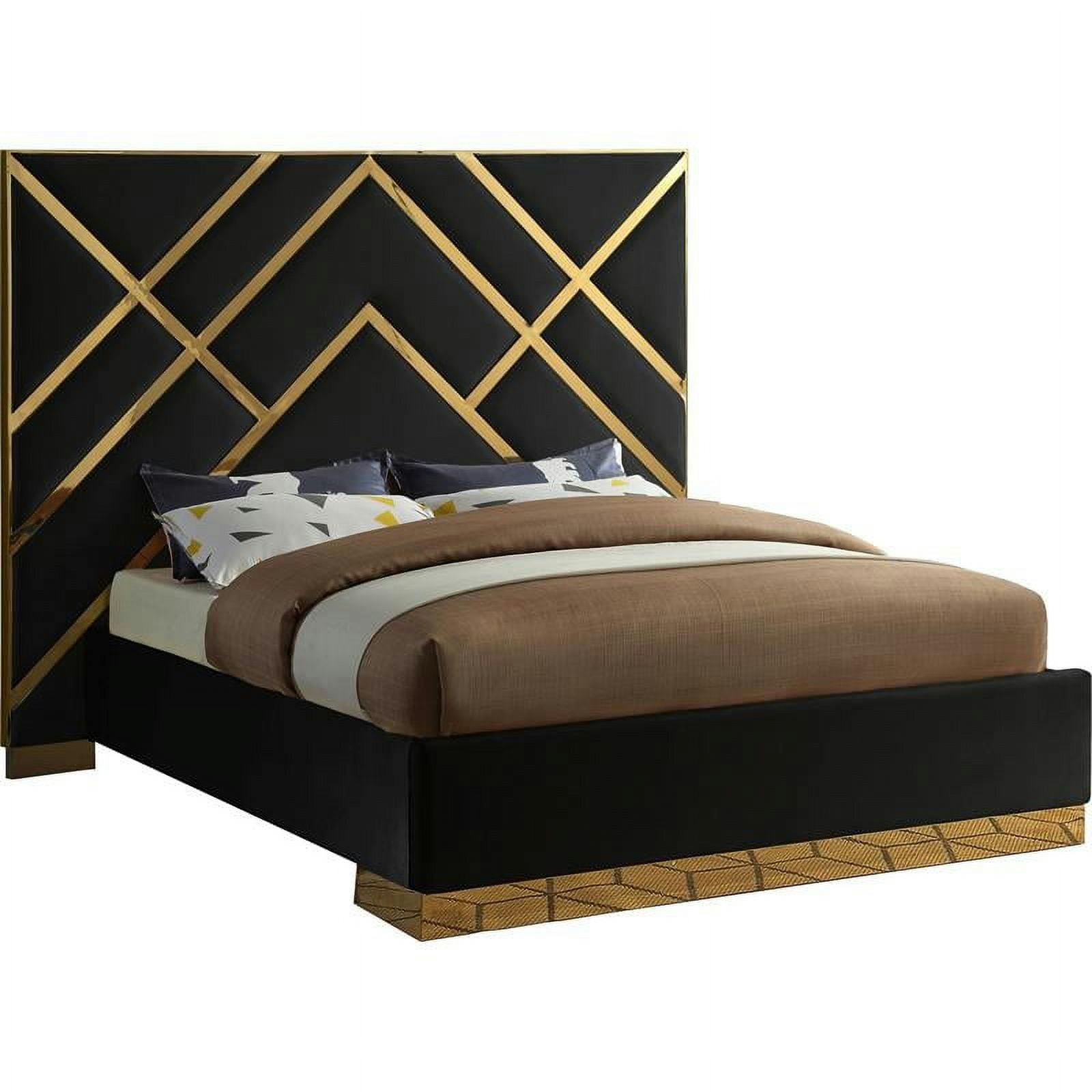 Luxurious Black Velvet and Gold Metal King Platform Bed with Geometric Headboard