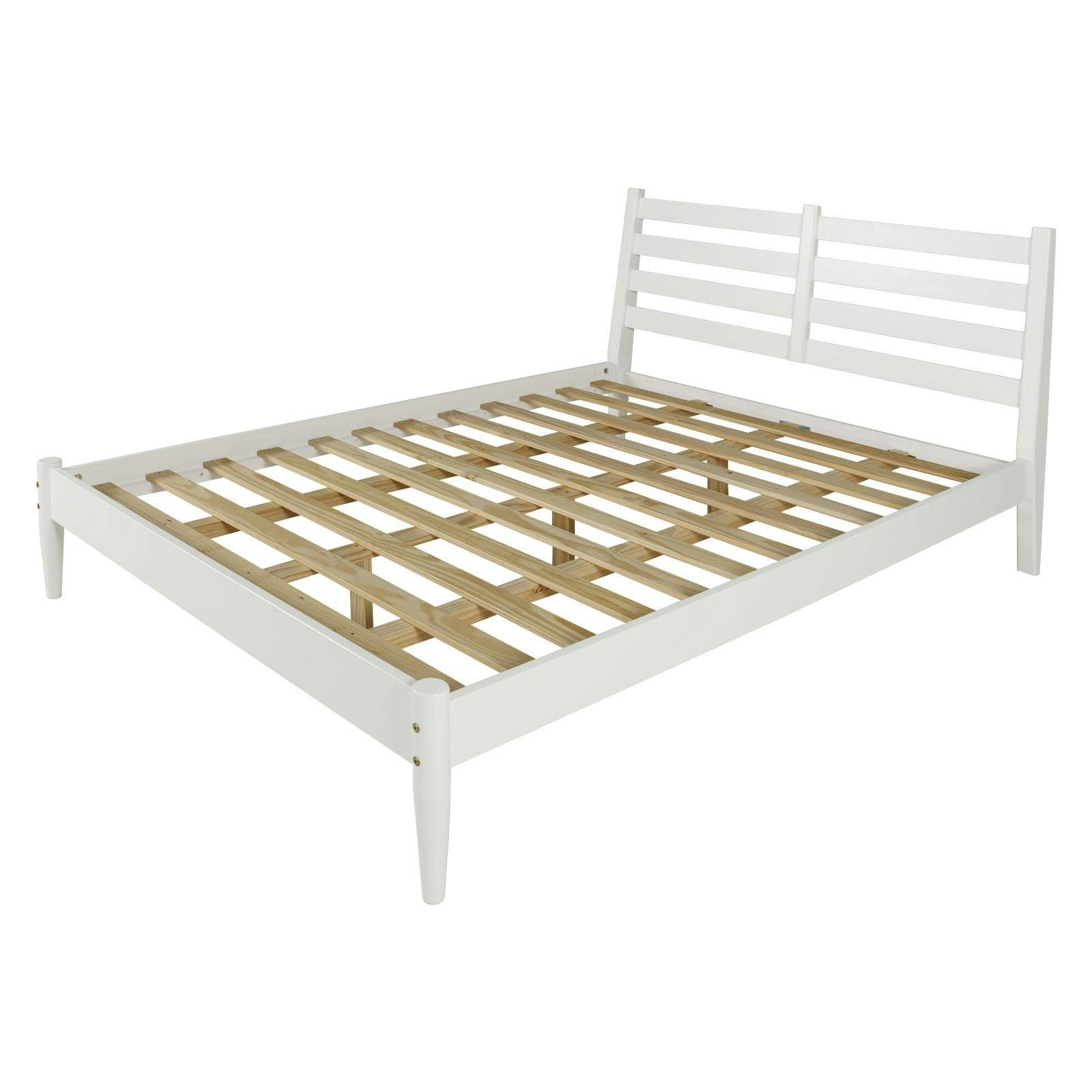 Elegant Pine Wood King-Size Bed with Slatted Headboard - White Finish