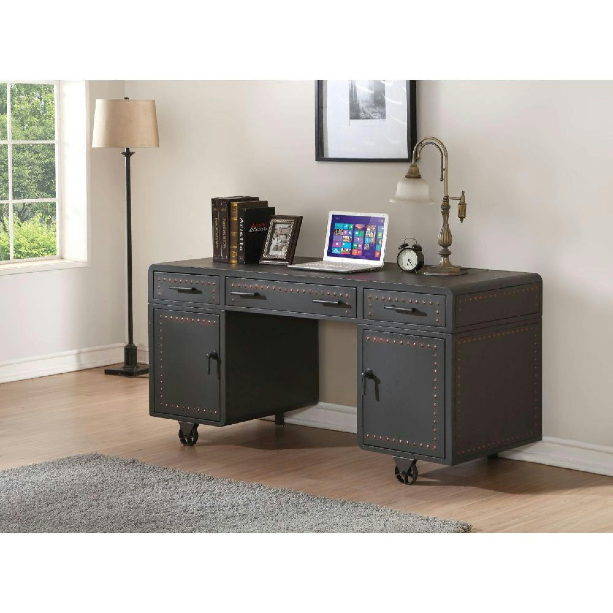 Actaki Executive Gray Wood Desk with Industrial Wheels and Drawers