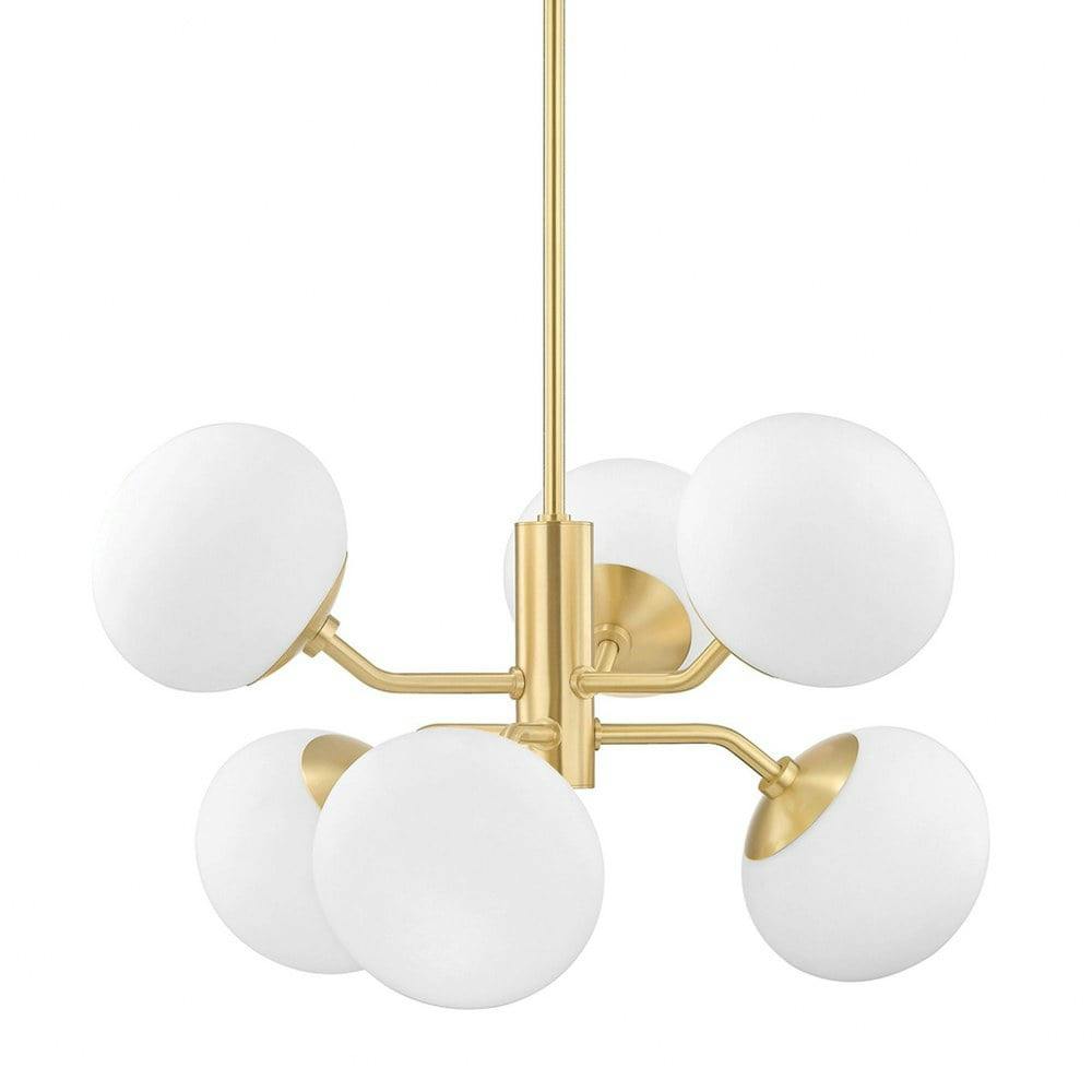 Ainsley Transitional Globe Chandelier in Aged Brass with Frosted Glass