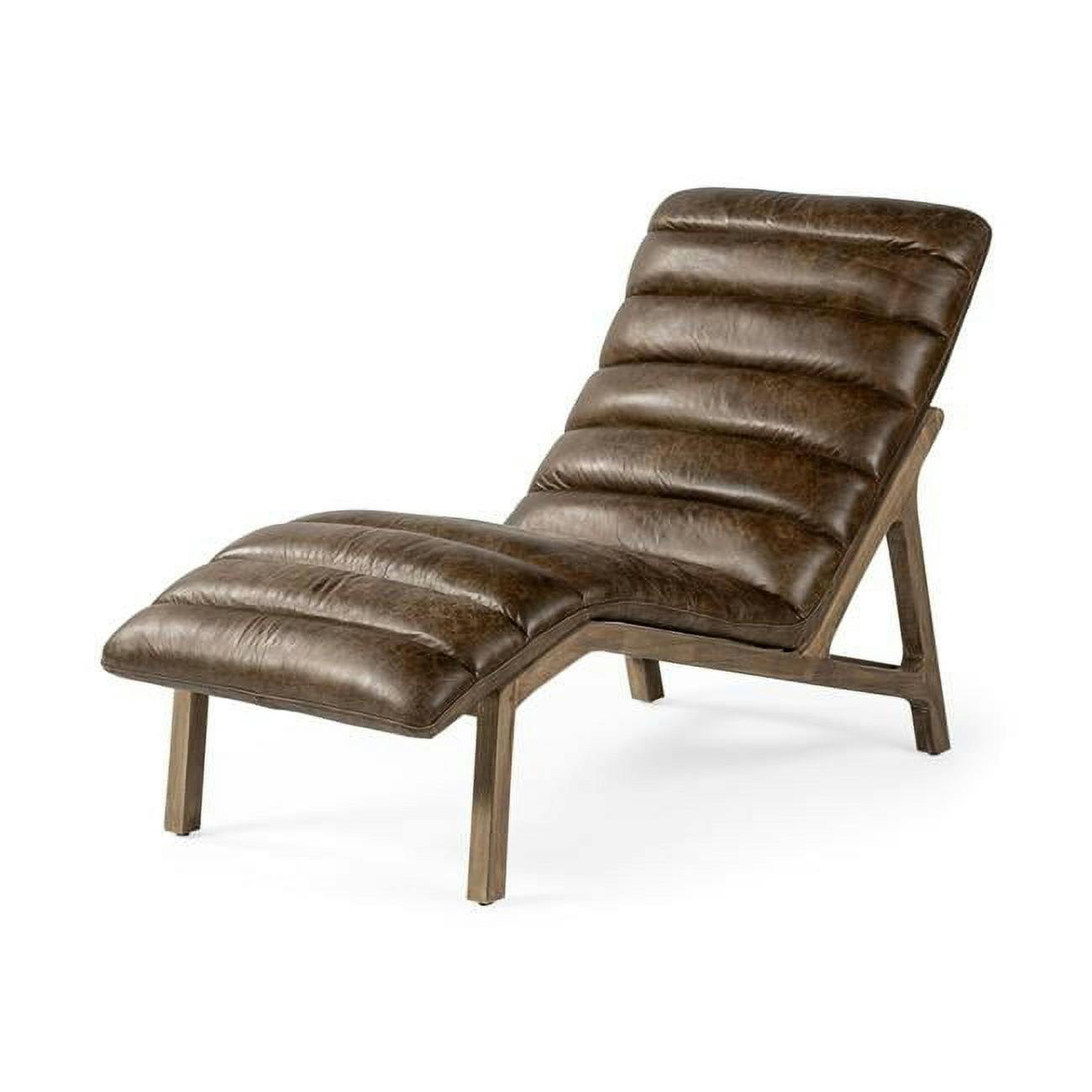 Whiskey Toned Genuine Leather Chaise Lounge with Solid Wood Base