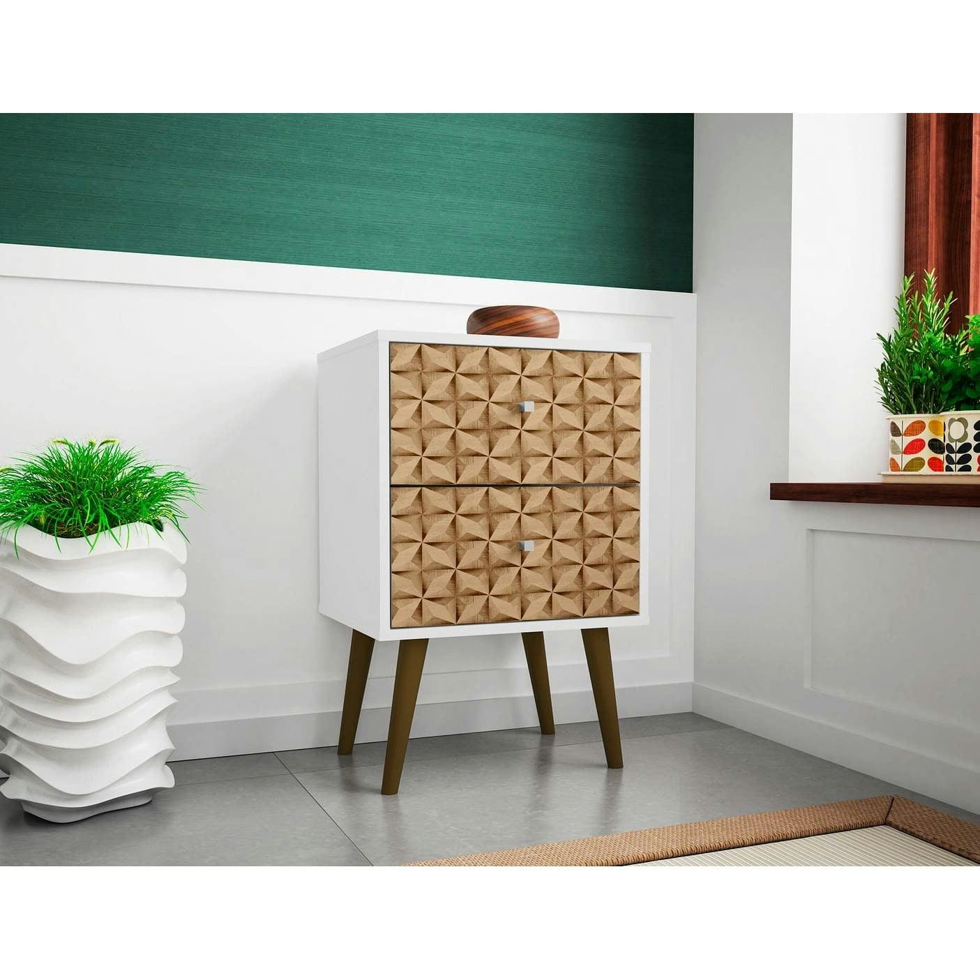 Liberty White and 3D Brown Mid-Century Modern 2-Drawer Nightstand