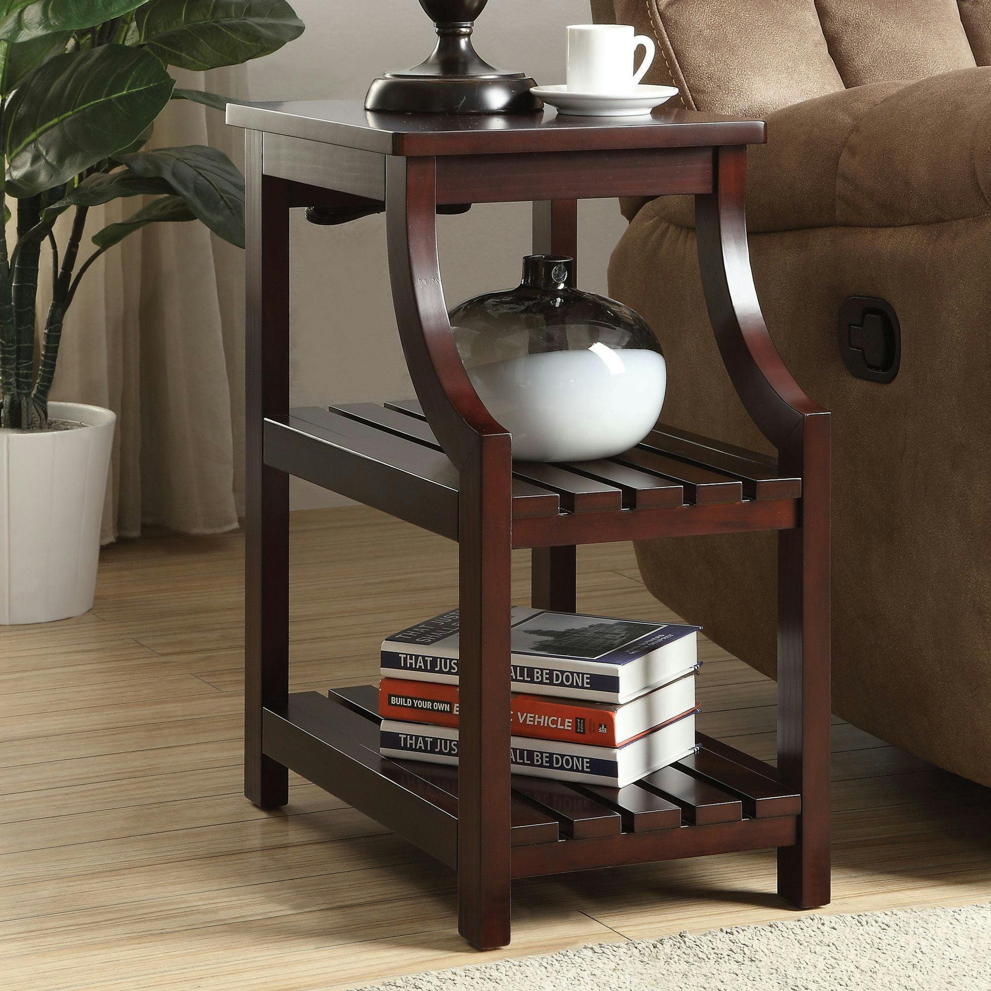 Espresso 24'' Tall 2-Shelf Wooden Side Table with USB