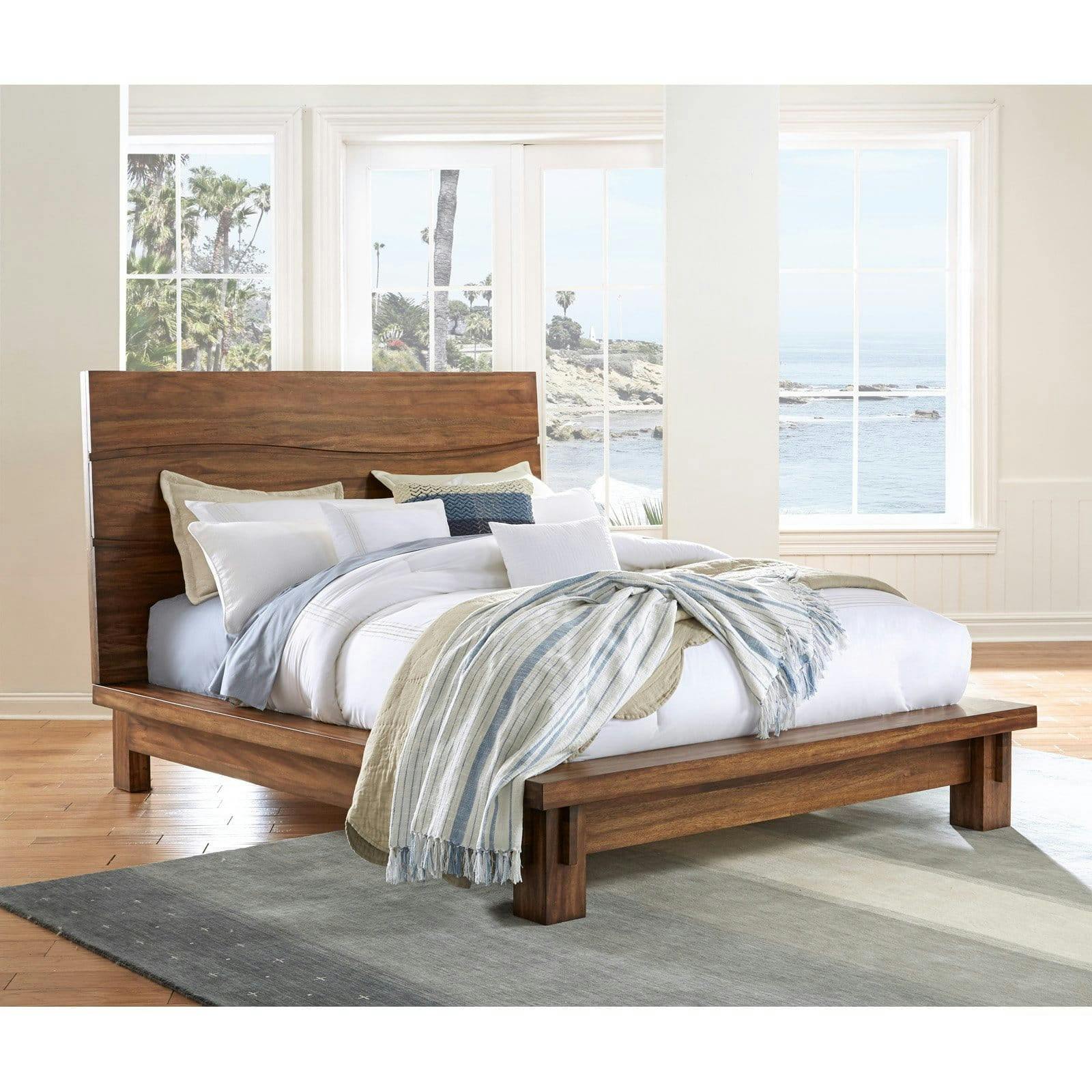 Coastal Chic King-Sized Solid Wood Platform Bed with Wave Headboard