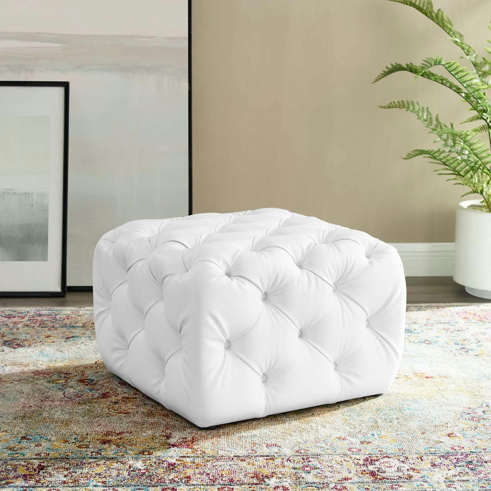 Luxe White Faux Leather Tufted Square Ottoman with Dense Foam Padding