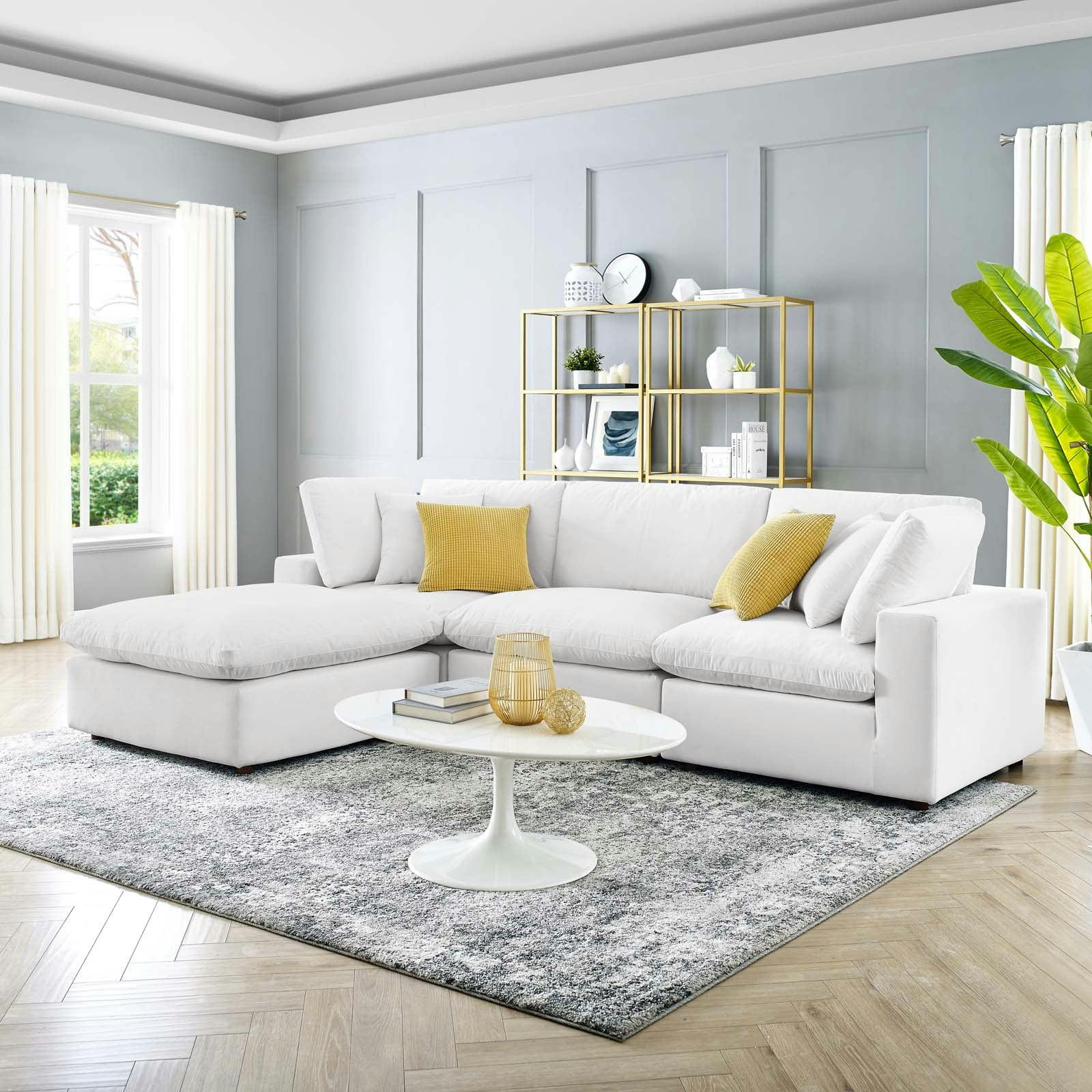 Luxurious White Velvet 4-Piece Sectional Sofa with Ottoman