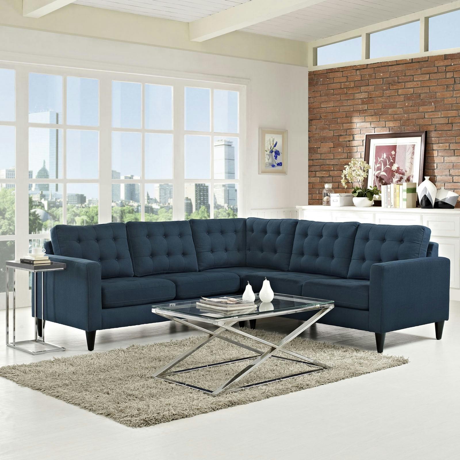 Azure Elegance 100'' Tufted Fabric Sectional Sofa with Wood Accents