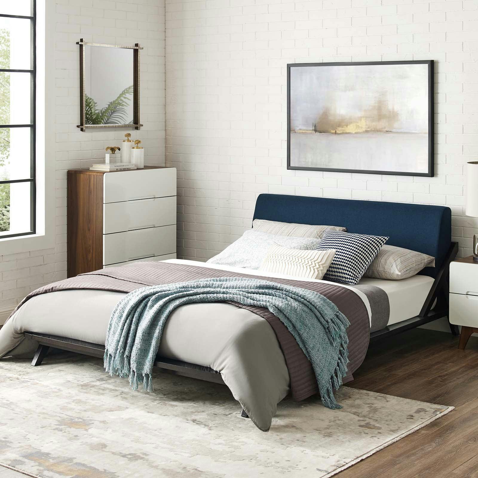 Luella Cappuccino Blue Queen Upholstered Fabric Platform Bed with Wood Frame