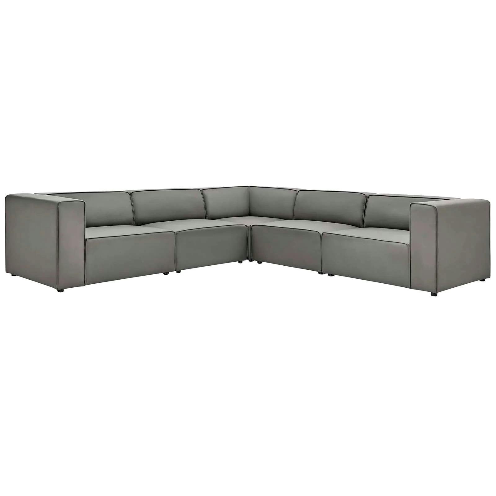 Expansive Gray Vegan Leather 5-Piece Sectional Sofa Set