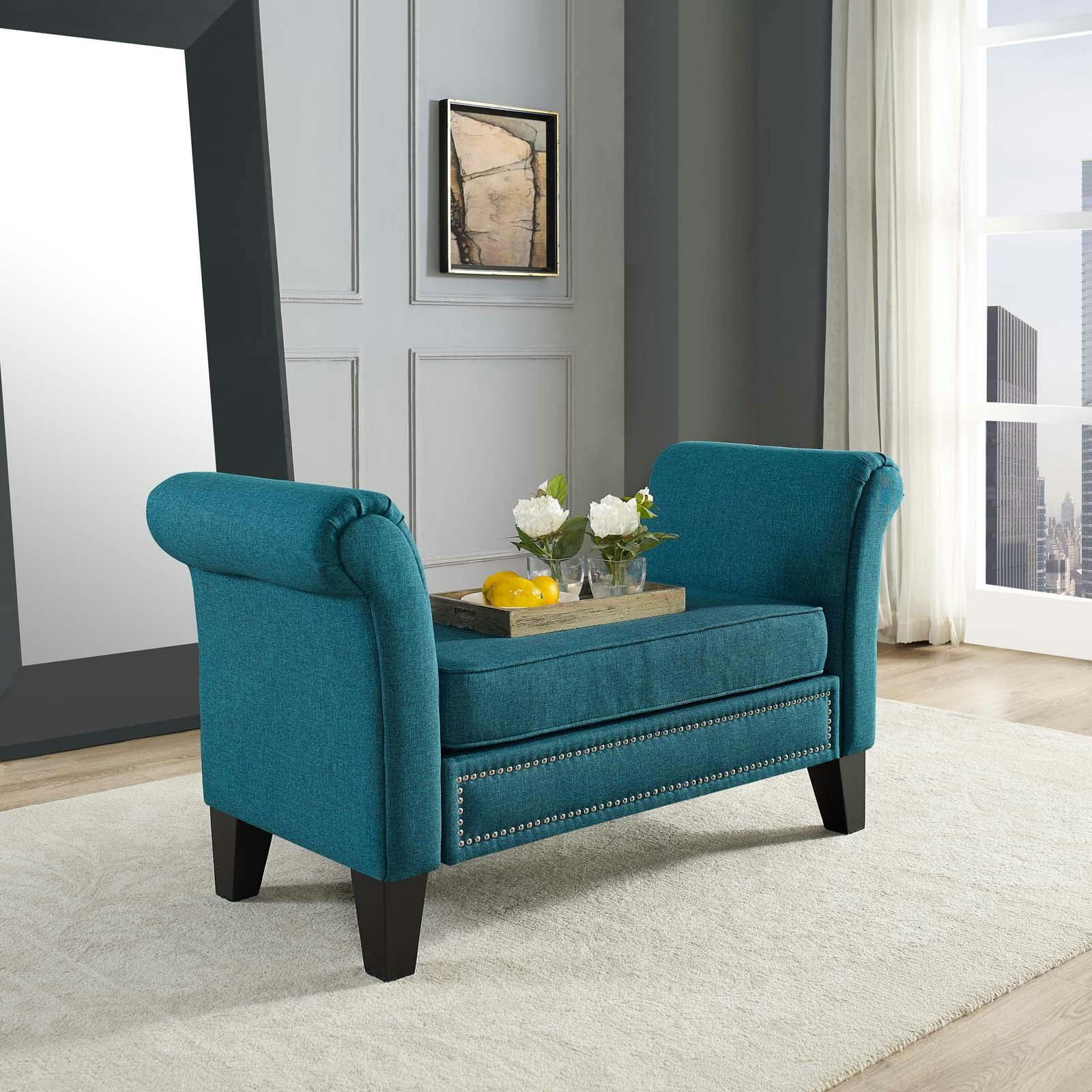 Rendezvous Teal Upholstered Bench with Rolled Arms and Nailhead Trim