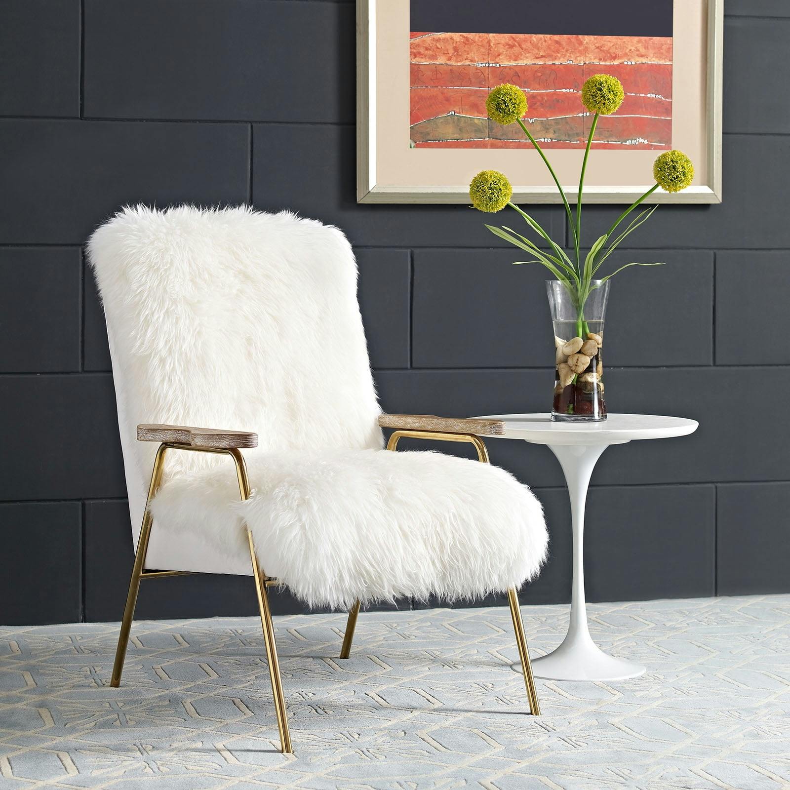 Sprint Chic Brown and White Sheepskin Armchair with Gold Accents