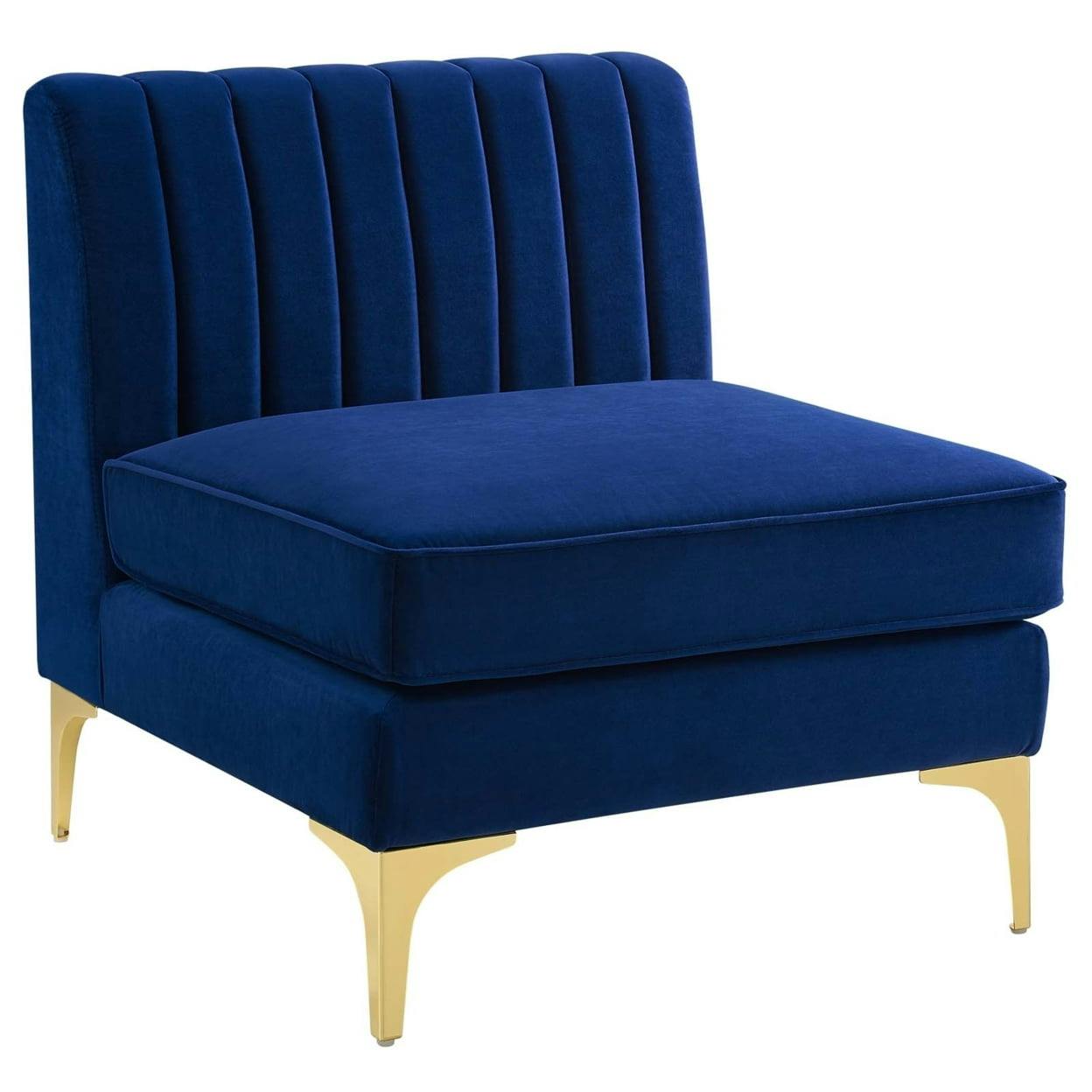 Navy Blue Velvet Wood Armless Chair with Gold Metal Legs