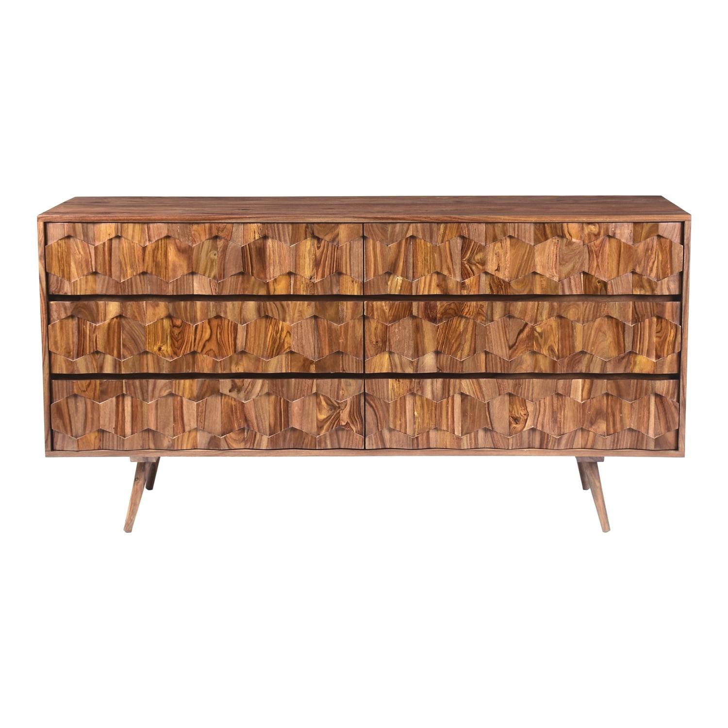 O2 Mid-Century Modern Solid Sheesham Wood 6-Drawer Dresser in Brown