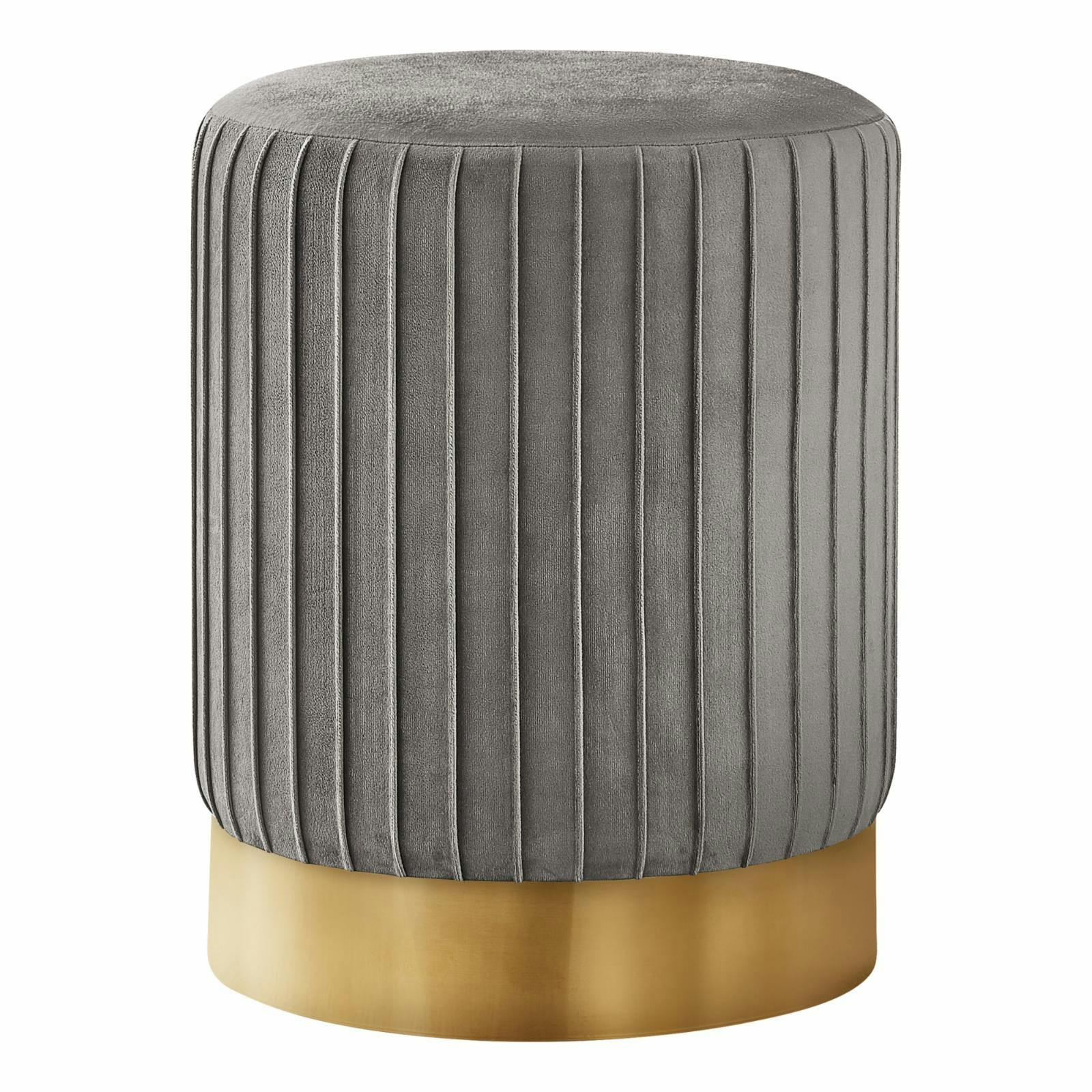 Contemporary Grey Velvet Tufted Round Pouf with Gold Metal Base