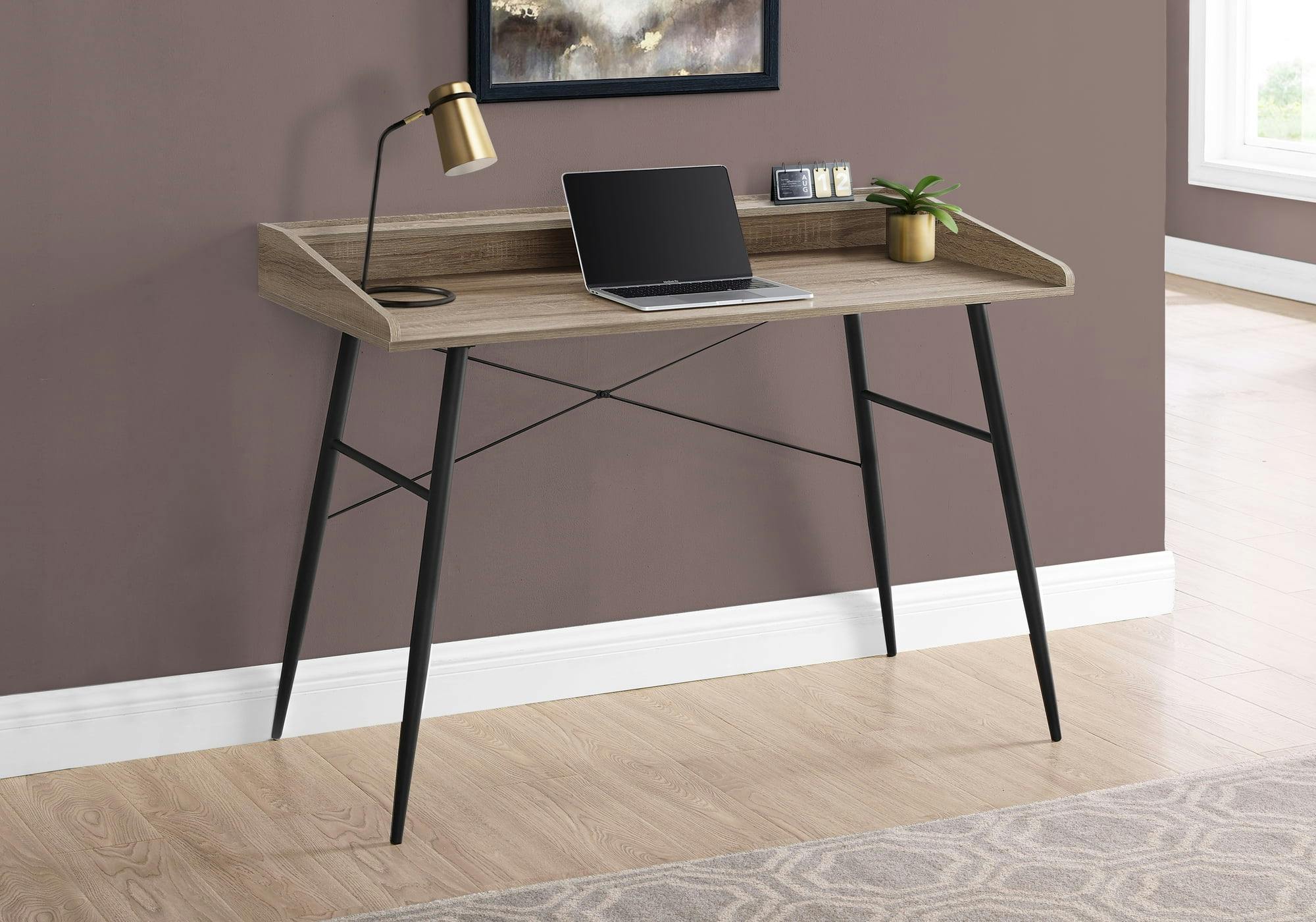 Contemporary Dark Taupe Writing Desk with Hutch and Black Metal Base