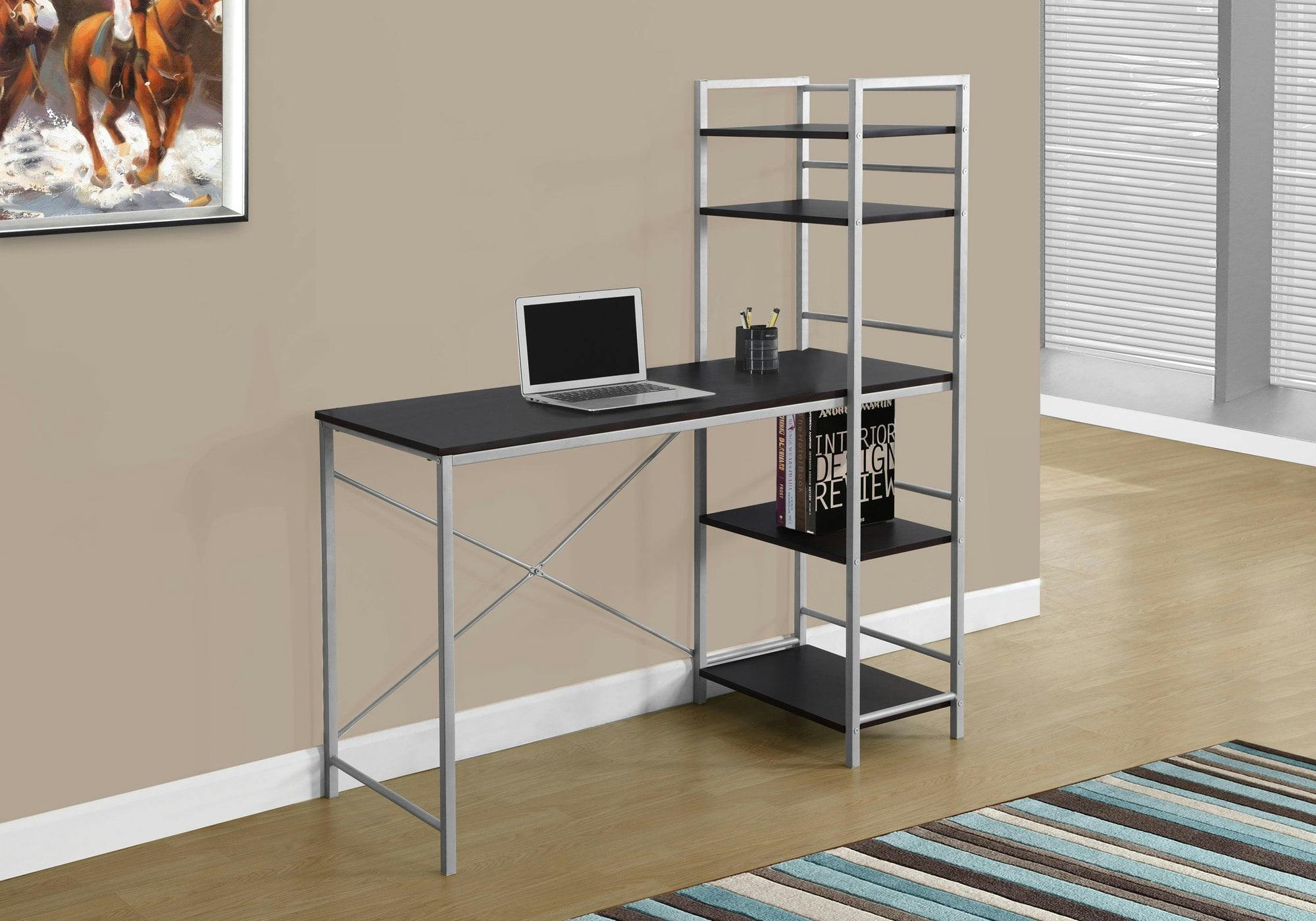 Cappuccino Silver 47" Modern Home Office Desk with Storage Shelves
