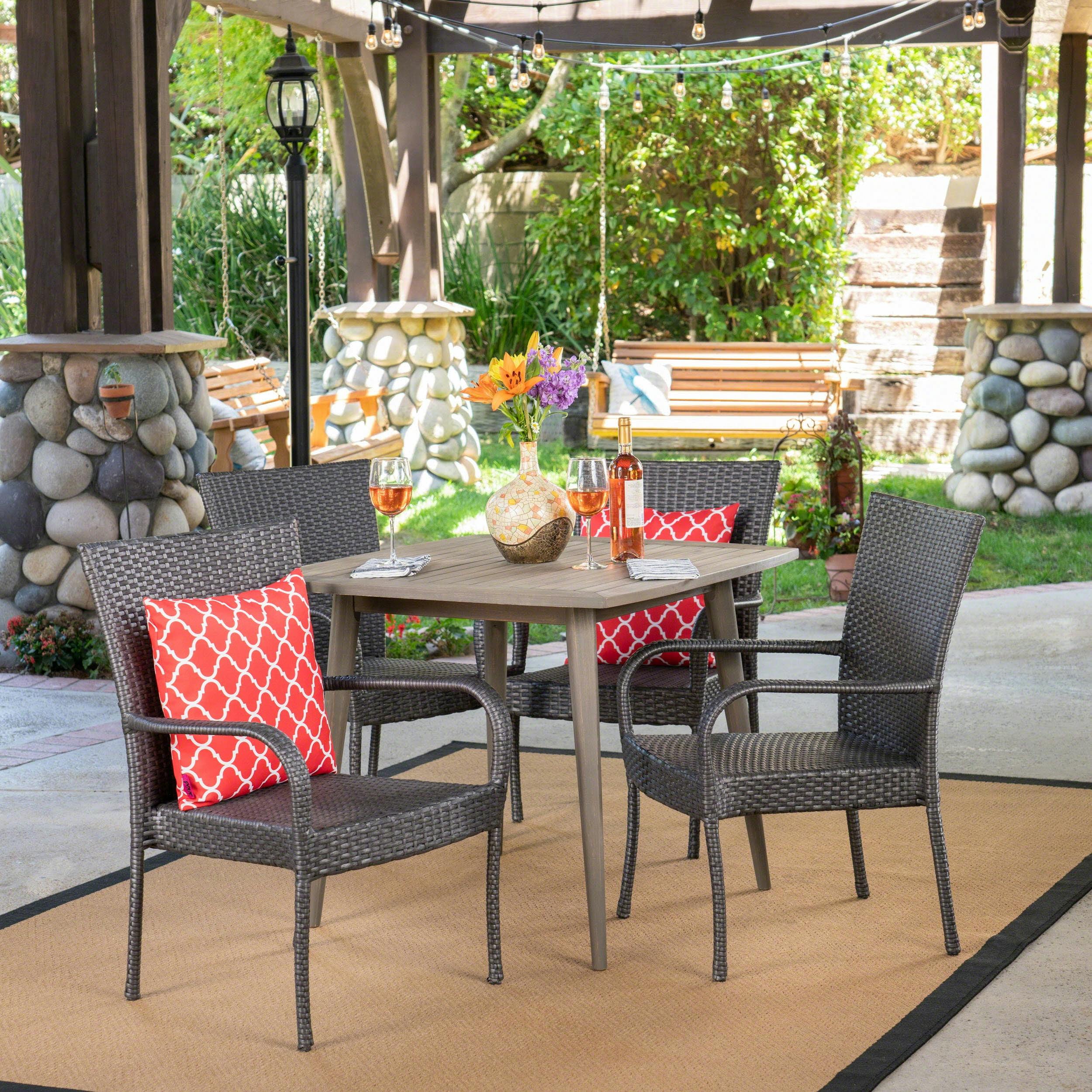 Rustic Gray Acacia Wood and Iron 5-Piece Outdoor Dining Set