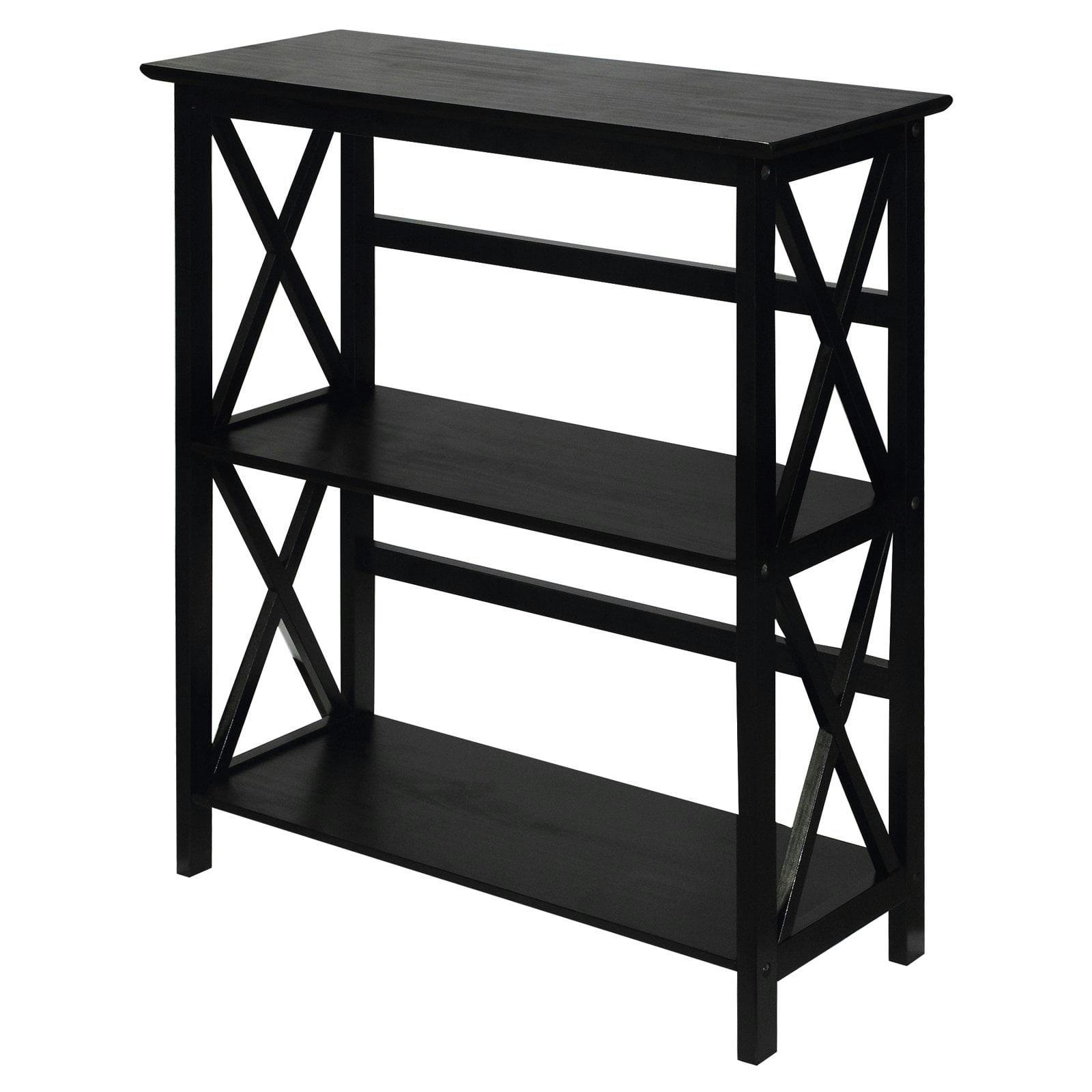 Modern Black Solid Wood 3-Shelf Bookcase with X-Design Doors
