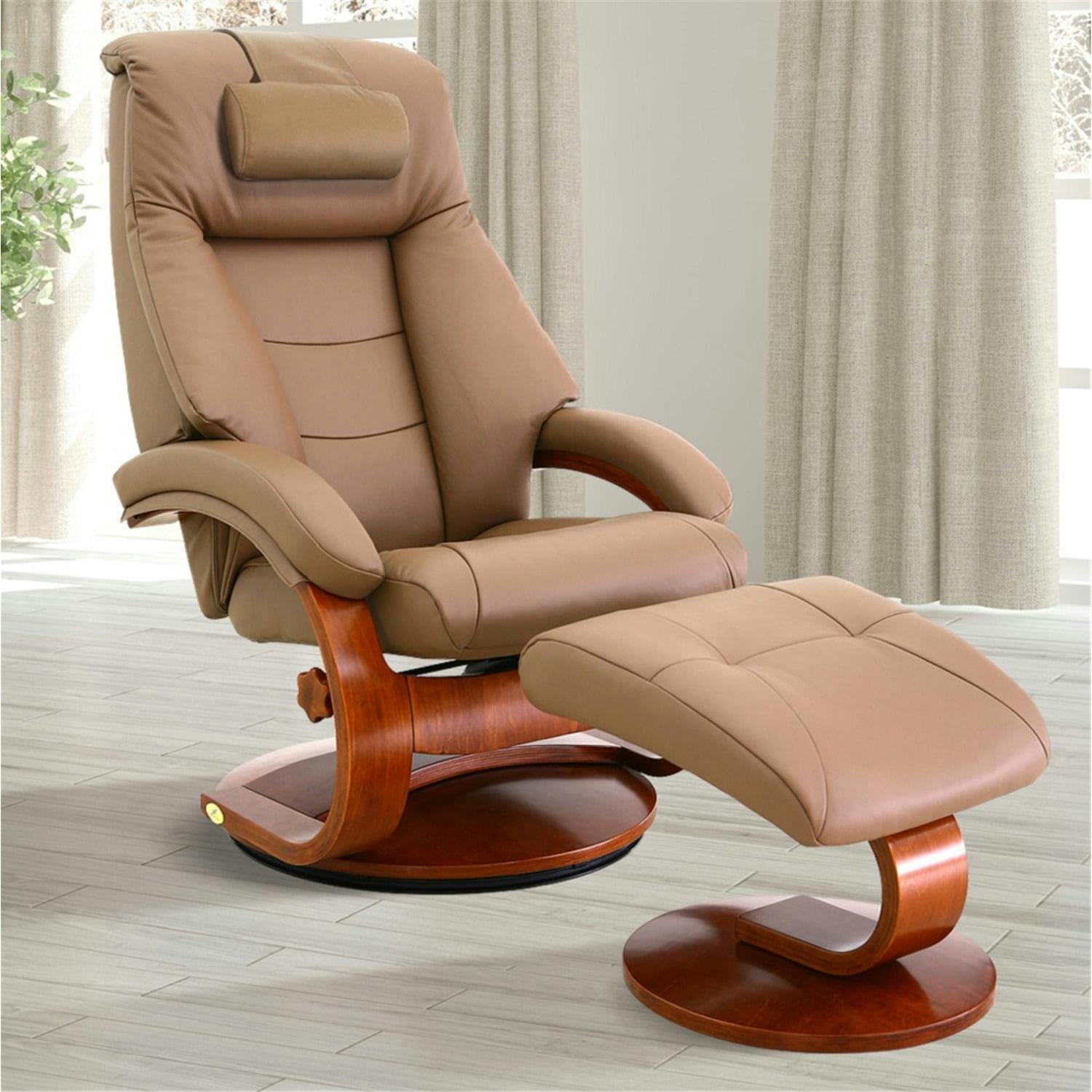 Montreal Swivel Recliner and Ottoman in Sand Leather with Walnut Base