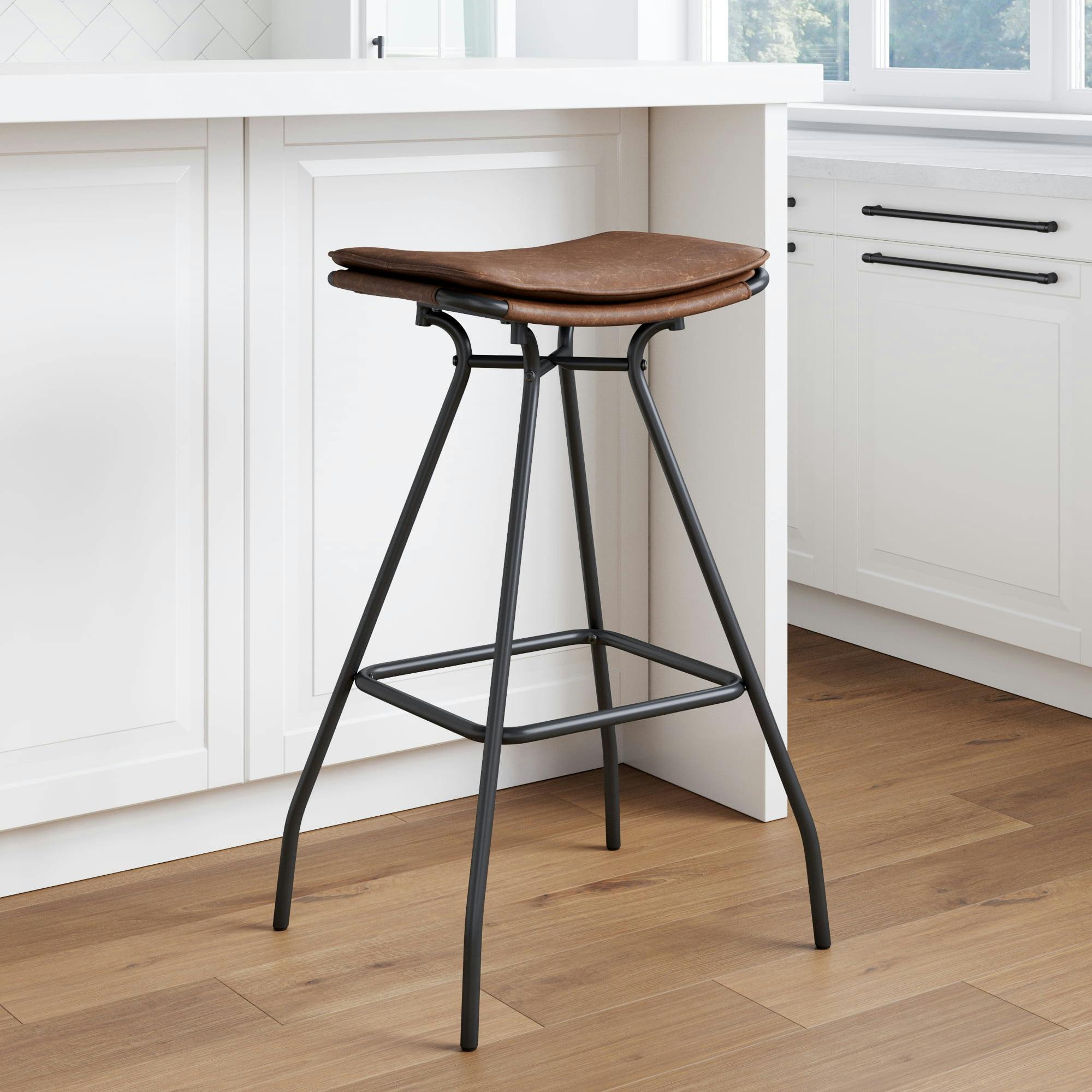 Dominique 30" Industrial Saddle Leather and Metal Bar Stool, Brown/Black