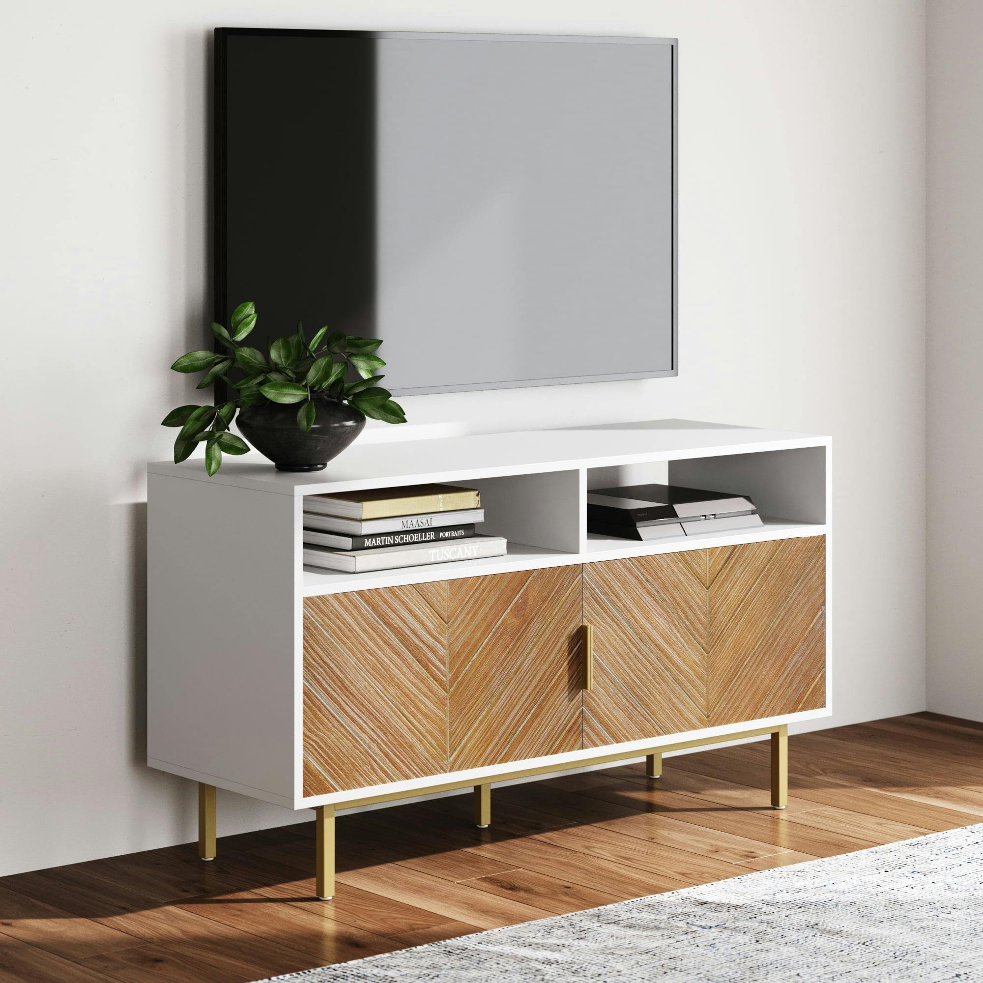 Elegant White and Gold Herringbone Media Console with Cabinet