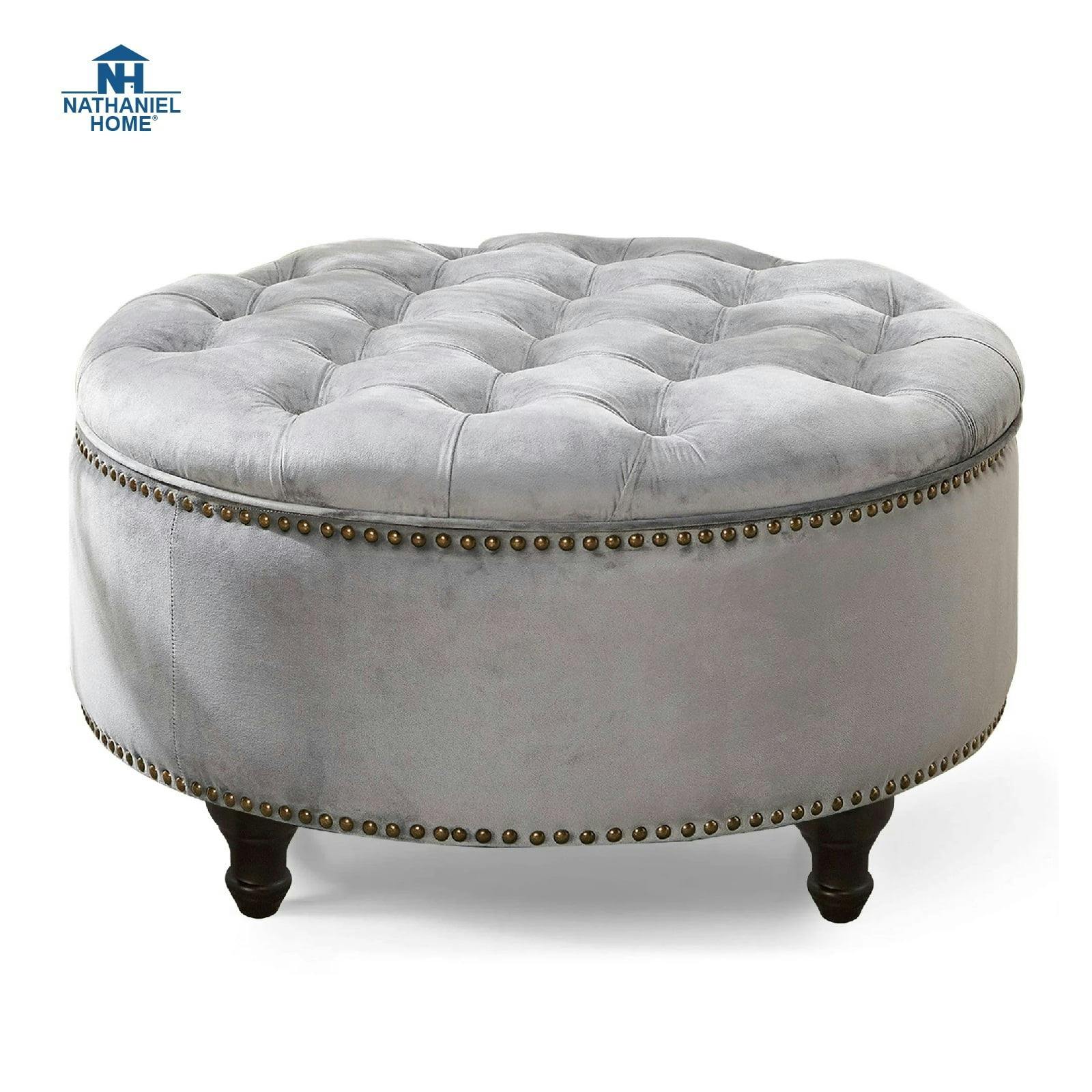 Elegant Gray 30" Button Tufted Round Storage Ottoman