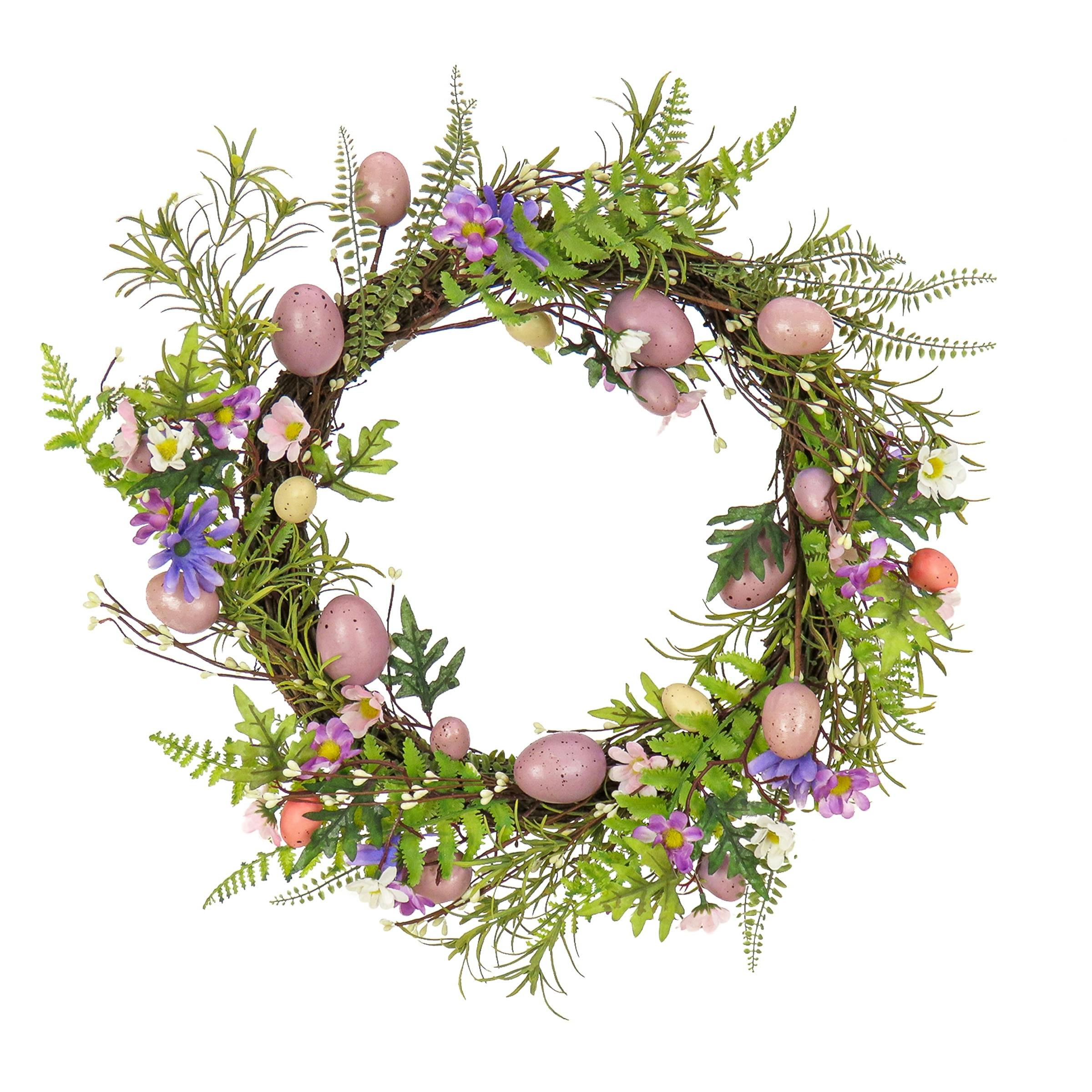 22" Springtime Elegance Wreath with Pink Pastel Eggs & Purple Blooms
