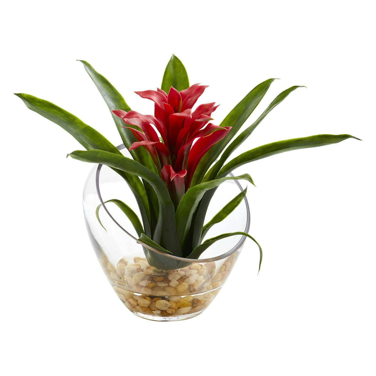 Modern Glass Vase with Lifelike Tropical Bromeliad Floral Arrangement