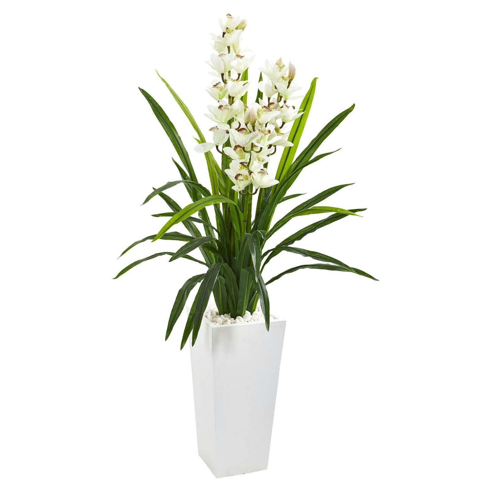 Elegant Lifelike Cymbidium Orchid in White Tower Planter, 58"