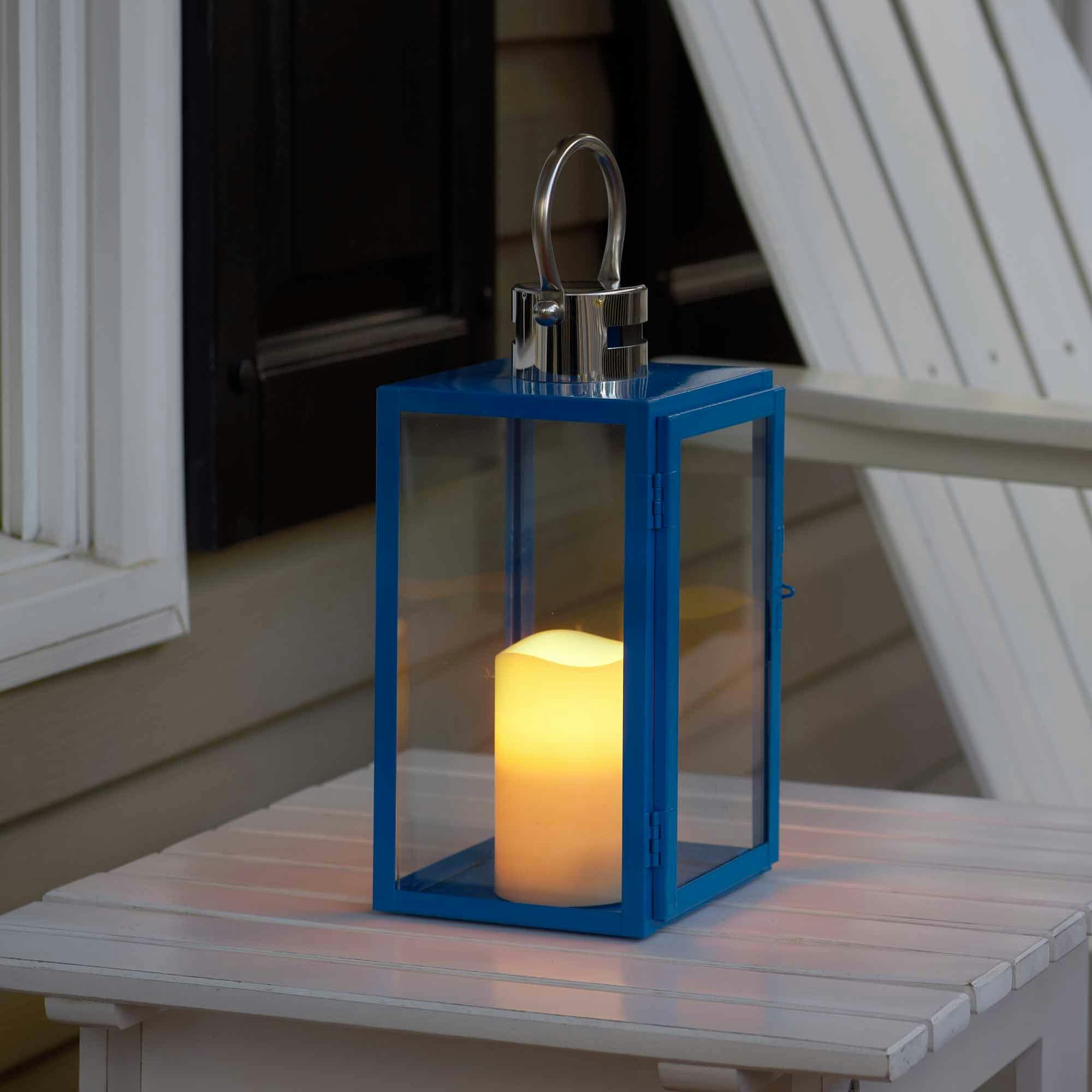 Winter Nights 11" Vibrant Blue Stainless Steel LED Lantern