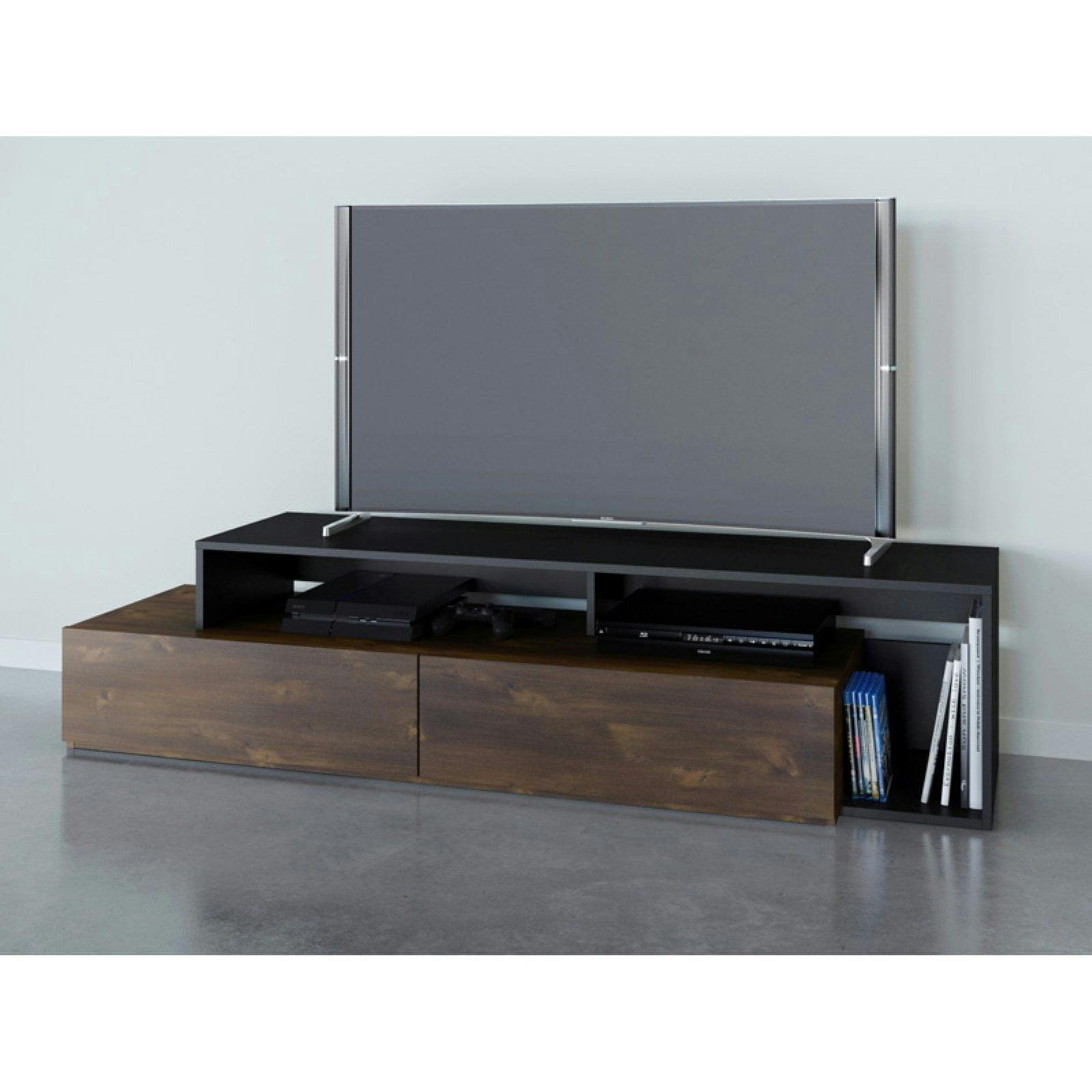 Modern Truffle & Black TV Stand with Cabinet & Open Shelves