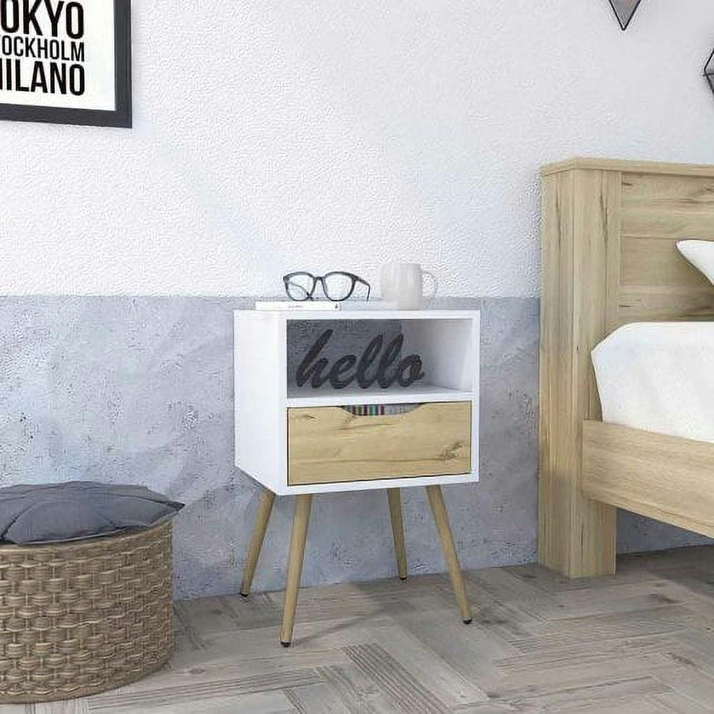 Allie Contemporary Nightstand with Drawer and Open Shelf, White & Light Oak