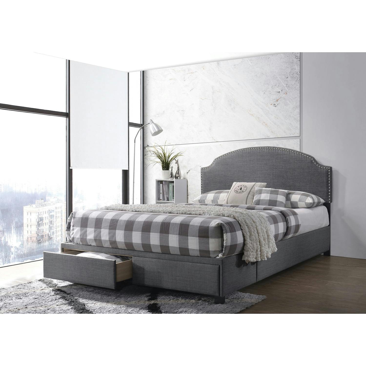 Charcoal Gray Full Storage Bed with Nailhead Trim and Upholstered Headboard